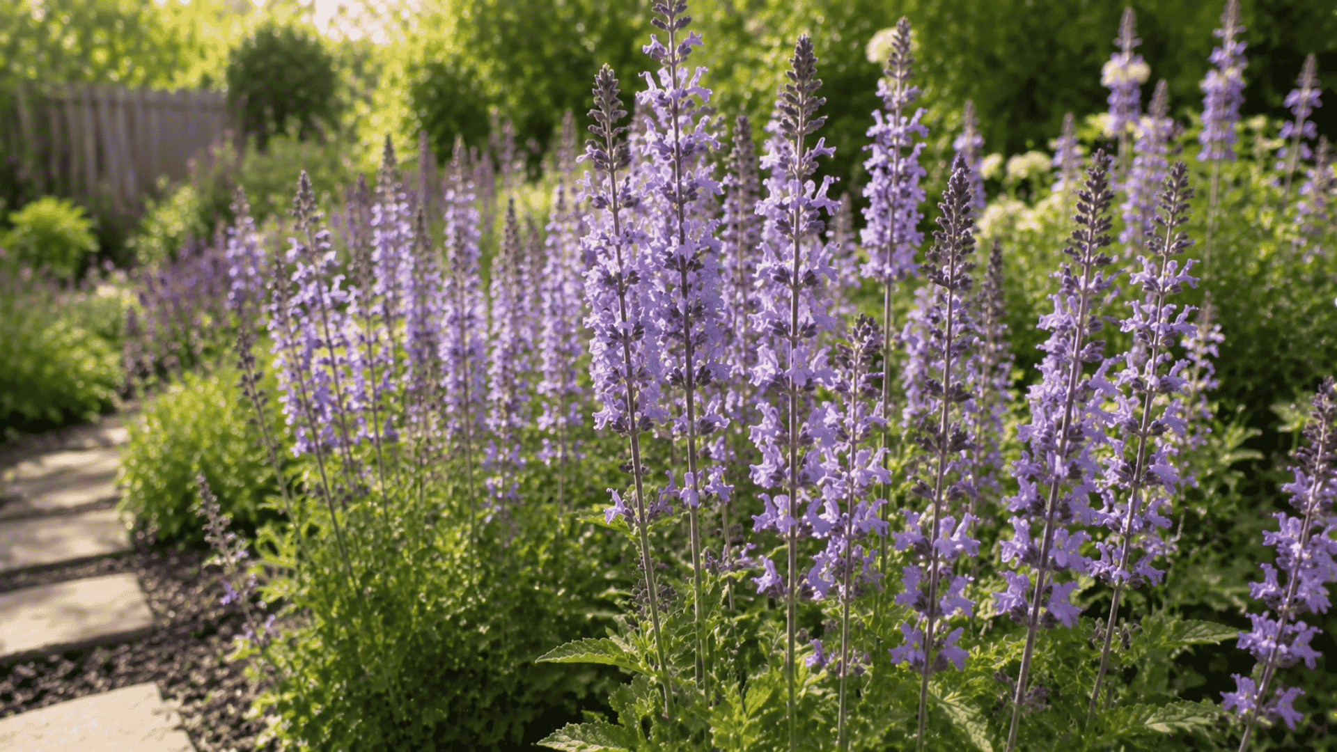 light purple salvia flower spikes growing among green plants in a garden