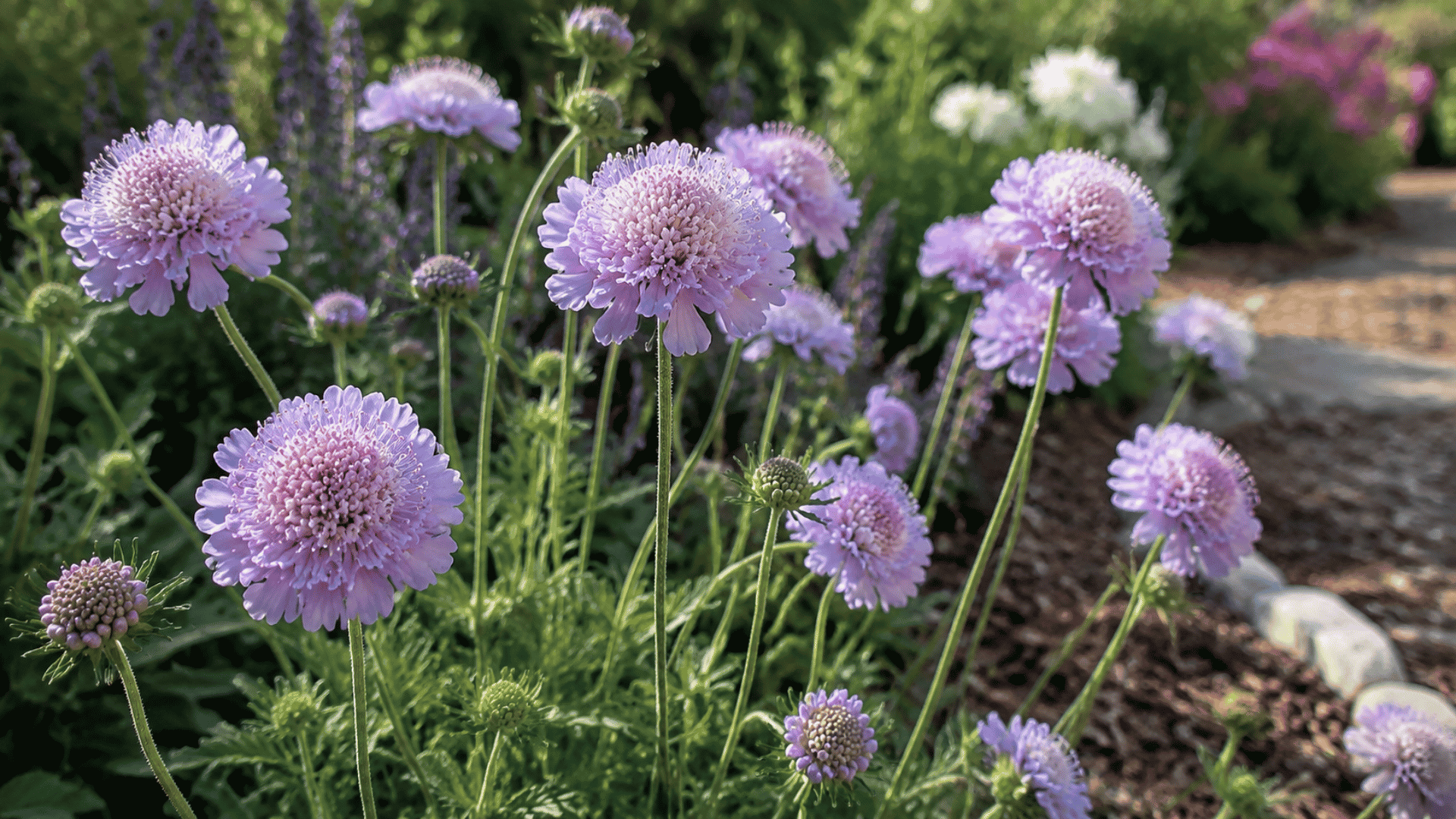 light purple scabiosa flowers blooming on thin stems in a sunny garden border