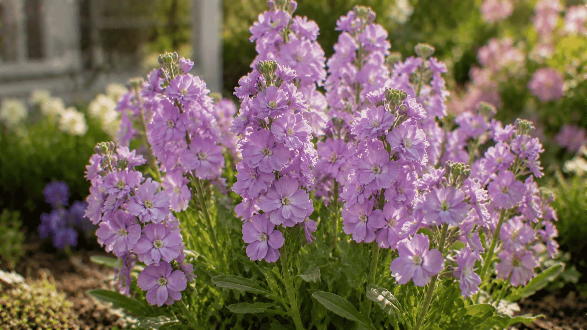 light purple stock flowers with soft clustered blooms in a garden bed