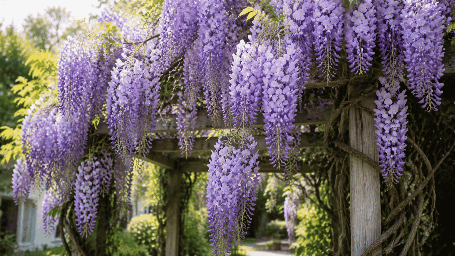 light purple wisteria flowers hanging from green vines over a garden pergola
