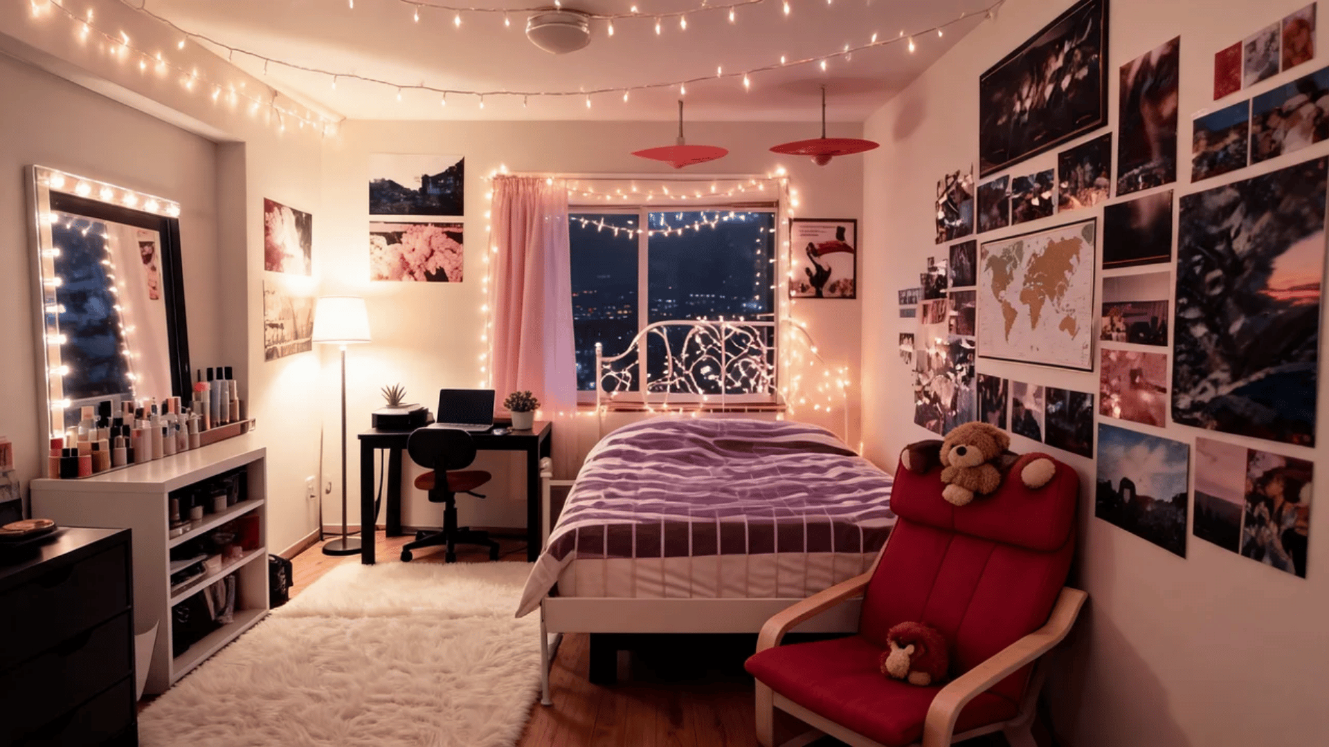 Dorm room with string lights, subtle LEDs, a desk lamp, and a decorative bedside lamp.