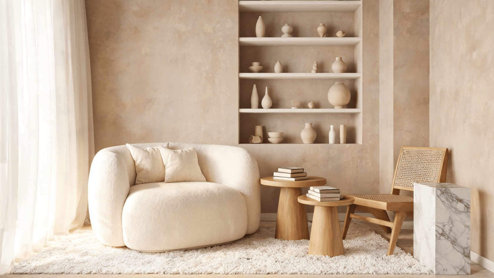 Limewash wall panels with textured beige finish behind a cozy living room seating area