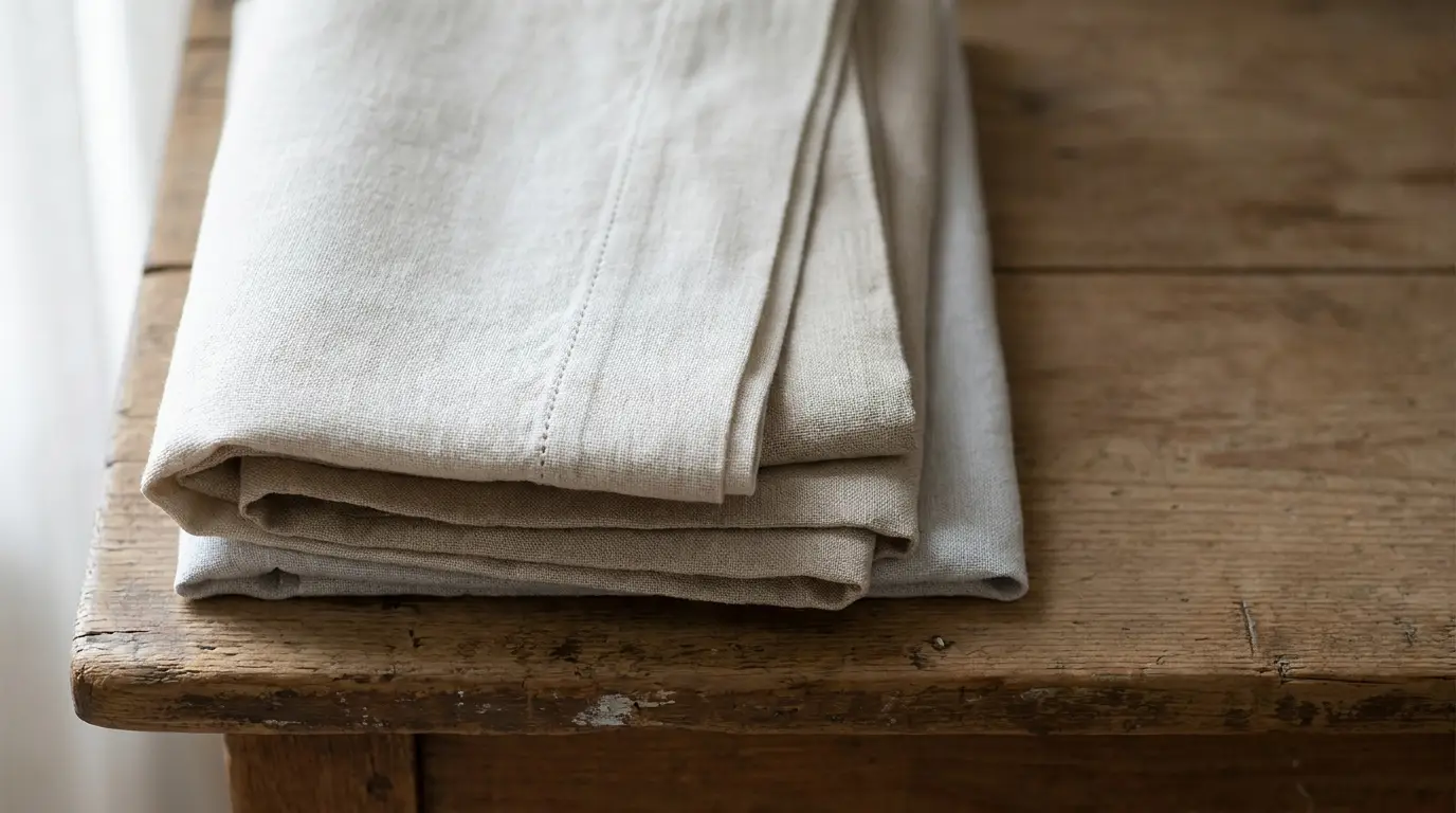 Folded beige linen cloth placed on rustic wooden table