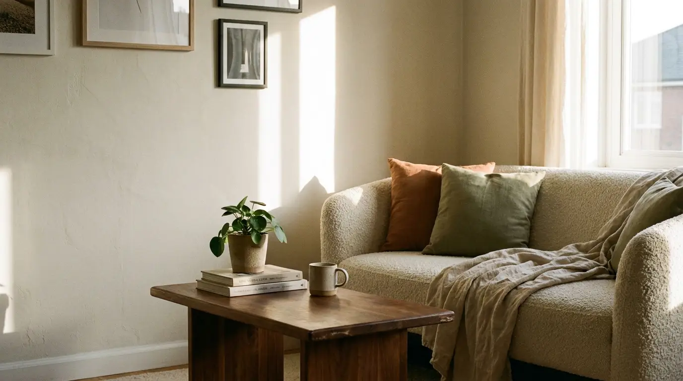 Cozy living room with beige sofa, colorful pillows, wooden coffee table, and potted plant in natural light