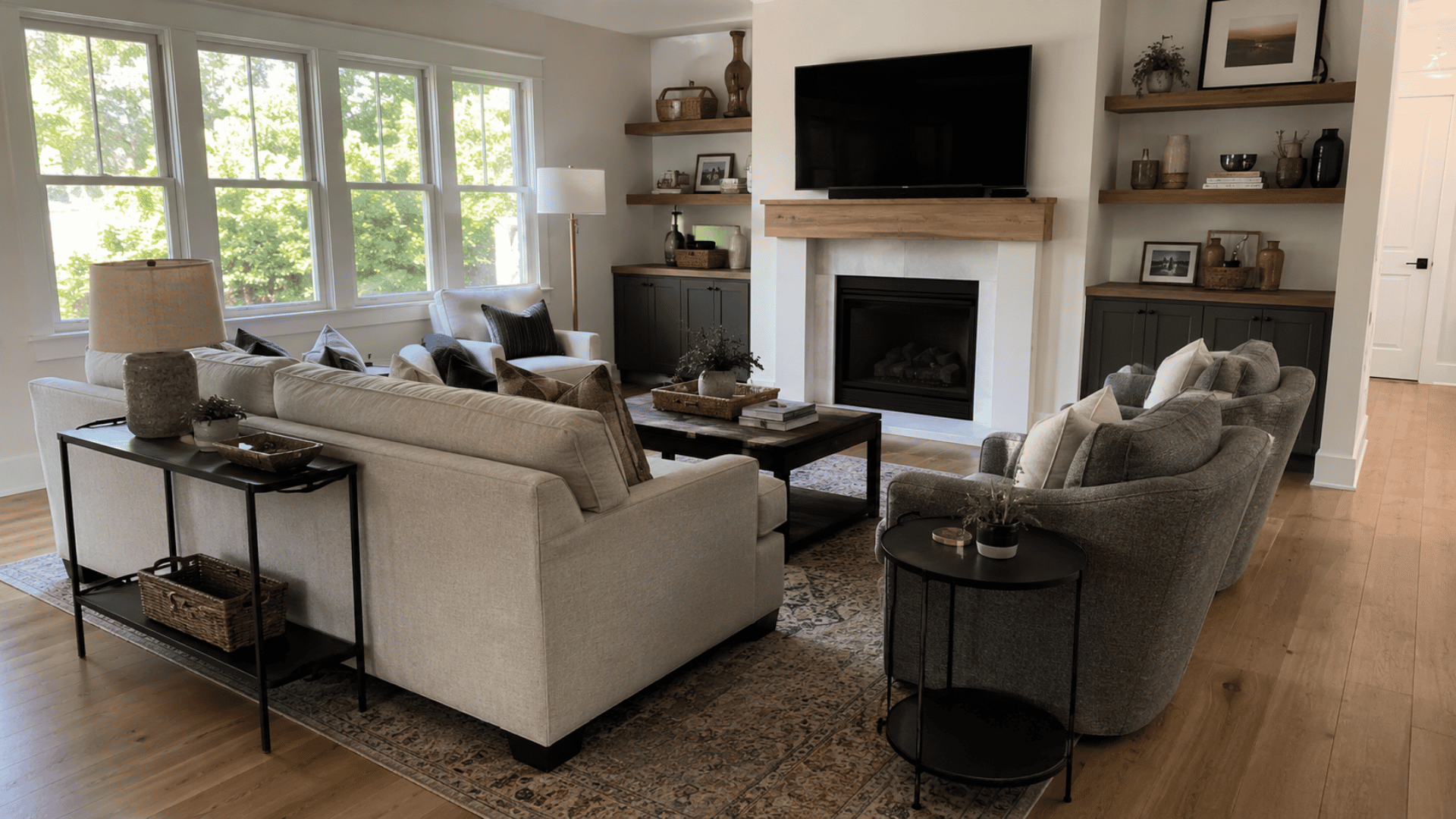 living room facing a fireplace with tv, sectional sofa, chairs, and built-in shelves