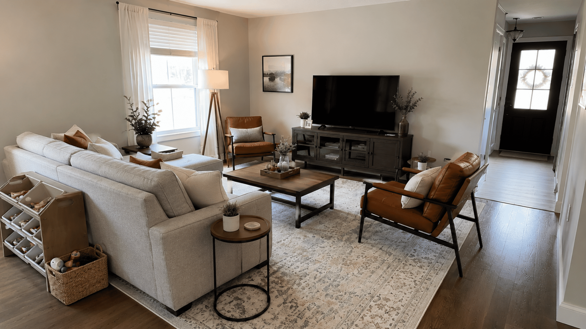 living room facing tv with sectional sofa, leather chairs, toy bins, and coffee table