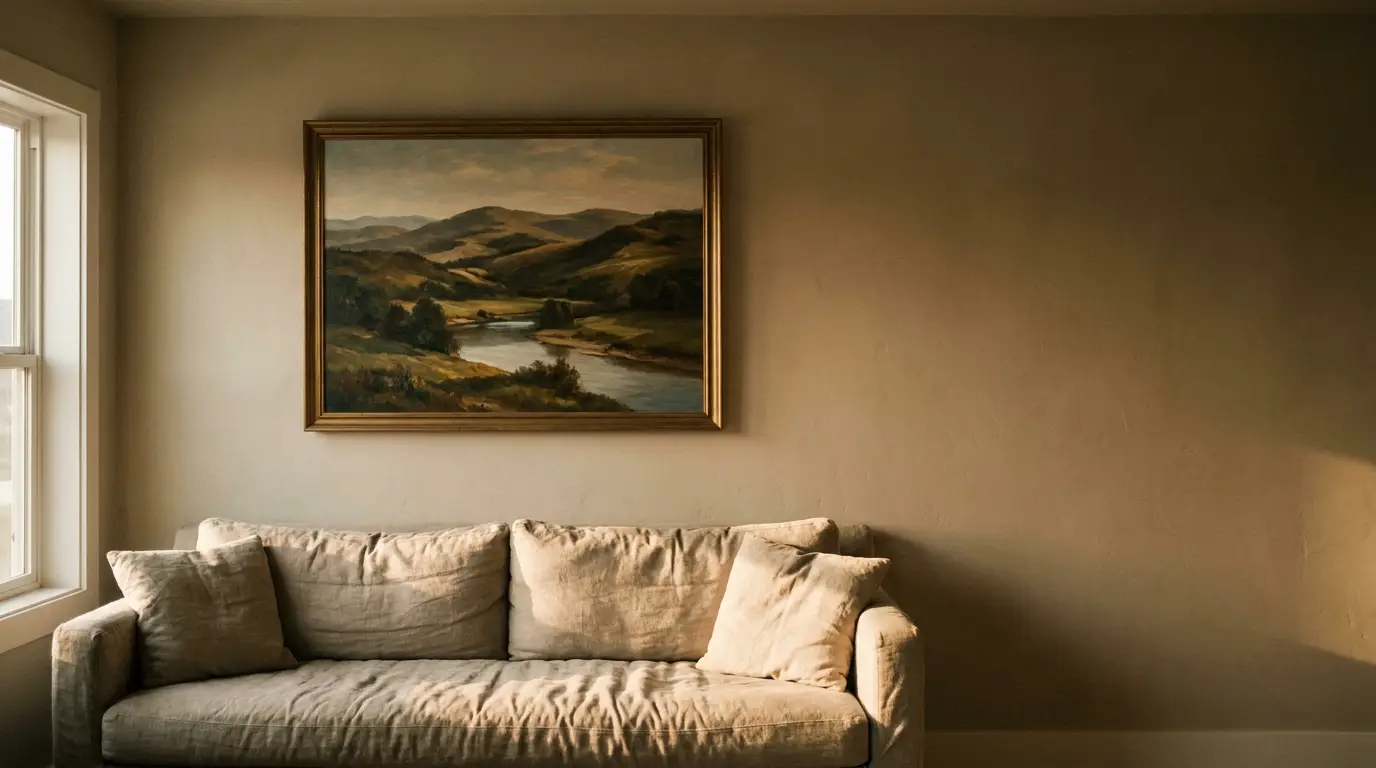 Beige sofa with pillows under framed landscape painting in a softly lit living room
