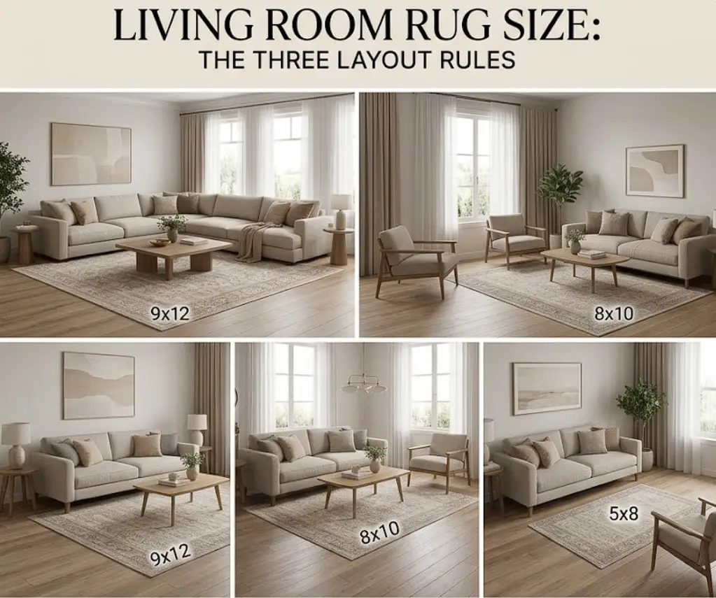 Living room furniture and rugs in three different layout sizes with neutral decor and natural lighting