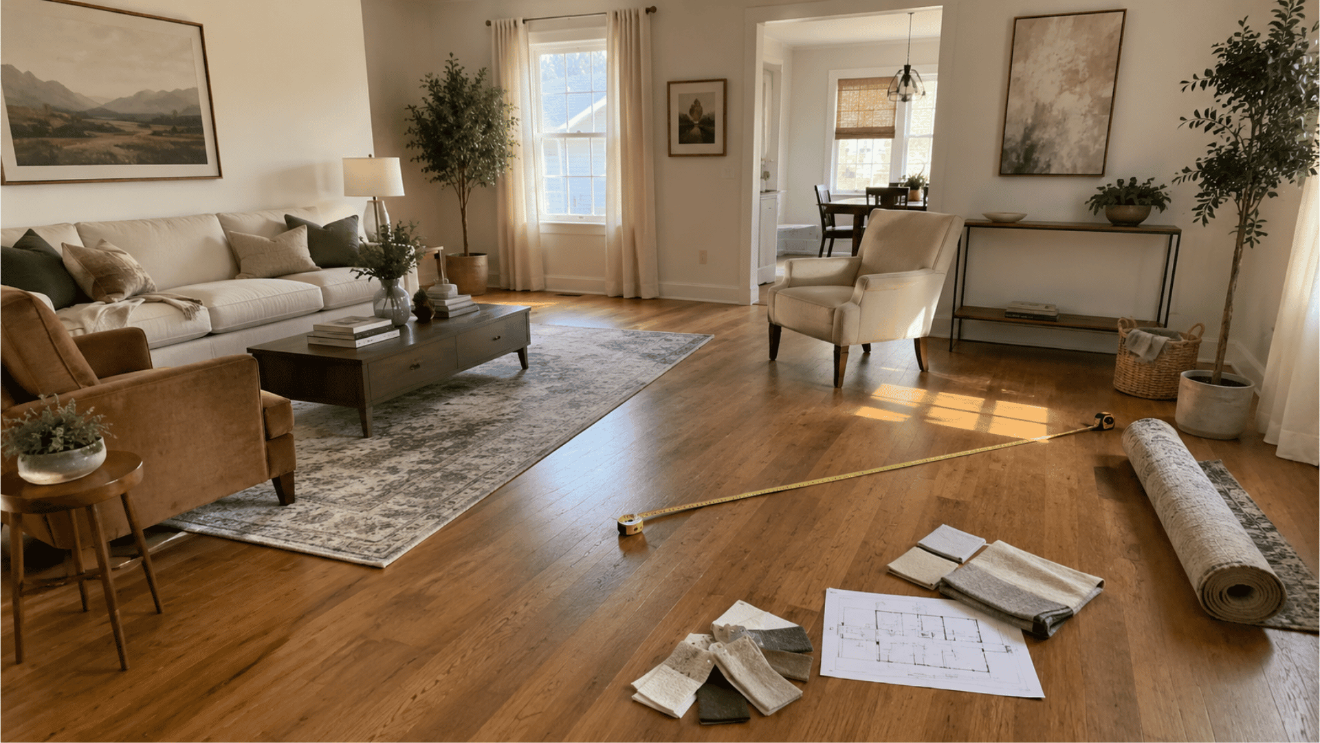 living room with sofa, chairs, rug samples, floor plan, and tape measure on wood floor