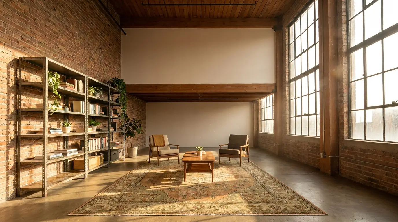 Spacious loft with mid-century furniture, large windows, and brick walls in warm lighting