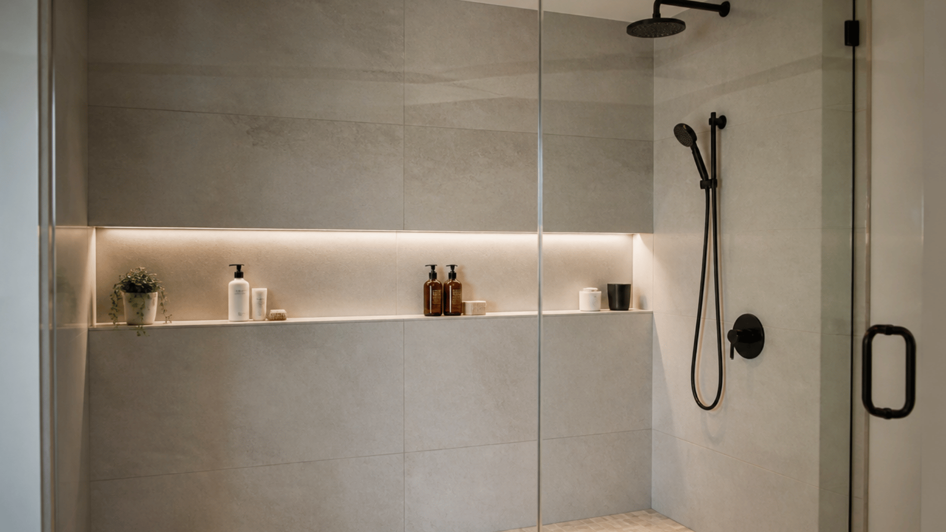 long horizontal shower niche with neatly arranged toiletries on a modern tiled shower wall