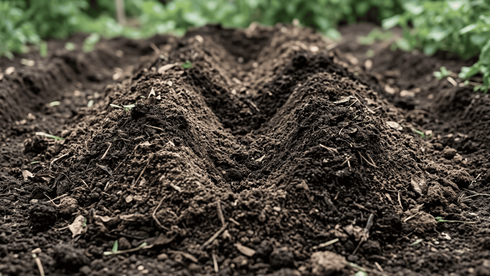 Loose, compost-enriched soil bed prepared for planting a cantaloupe plant, showing dark nutrient-rich soil with visible organic matter and good drainage