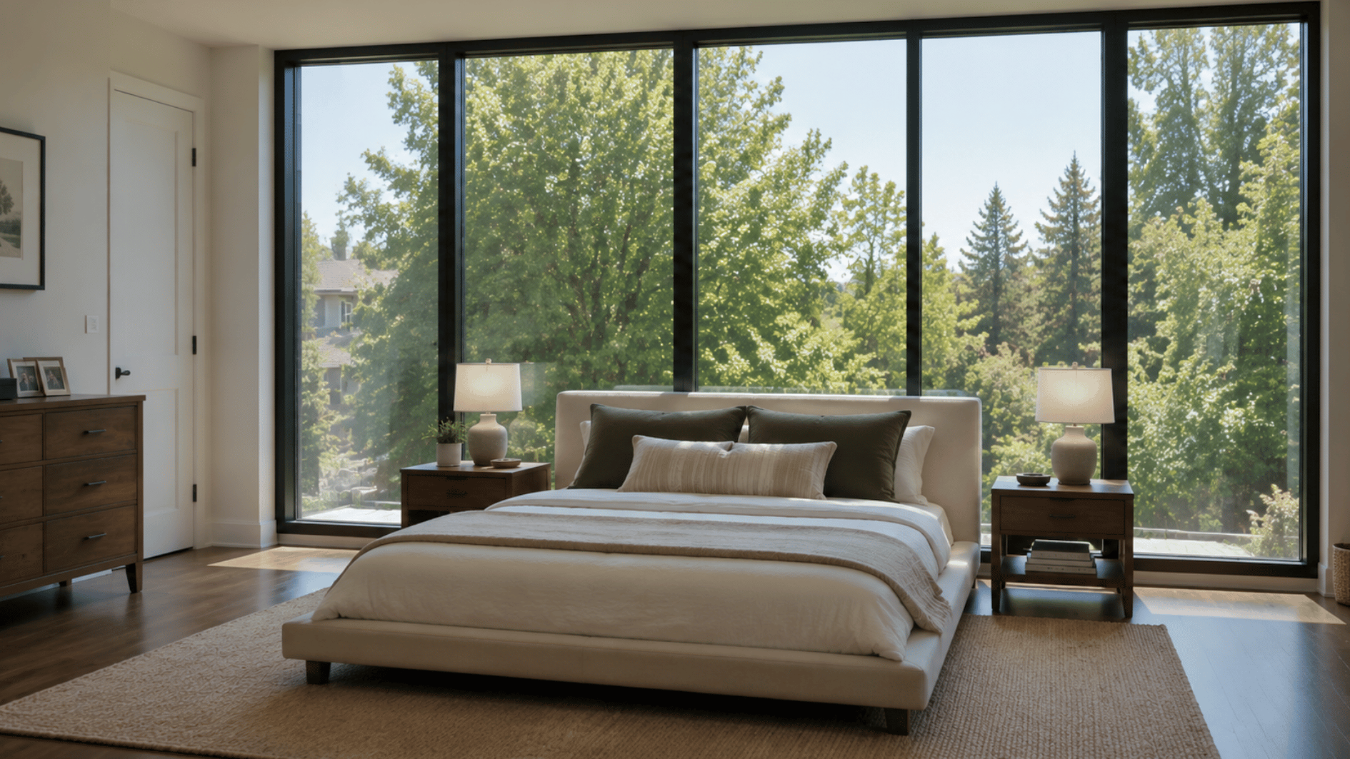 low bed placed in front of floor-to-ceiling windows in a bright american bedroom with most of the glass exposed