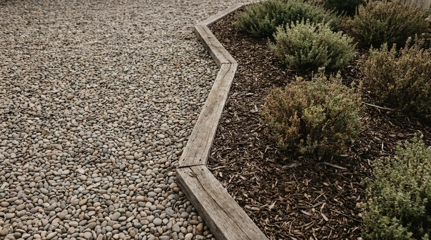 Gravel pathway alongside wooden-edged garden with green shrubs in outdoor setting