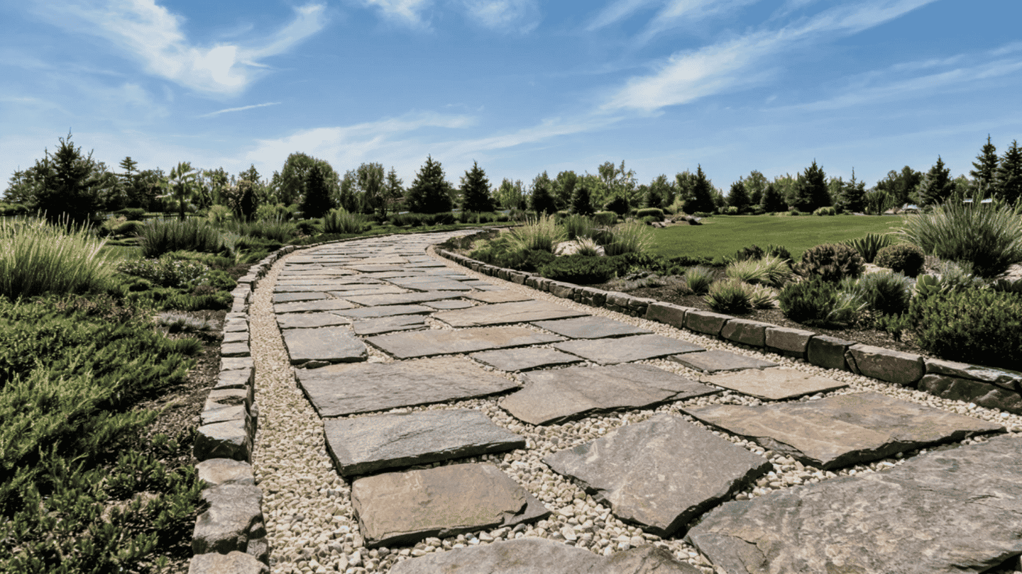 Low-maintenance stone walkway with durable pavers and simple landscaping.