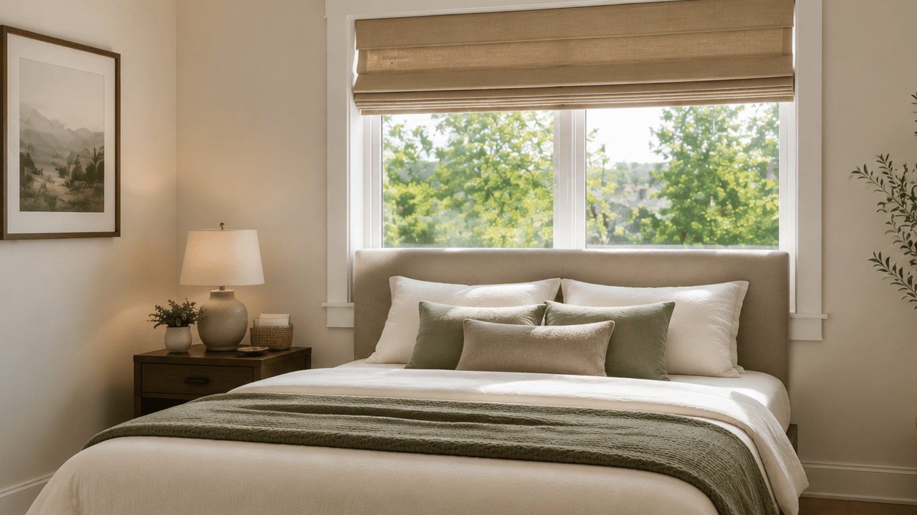 low upholstered headboard fitted below a wide bedroom window while keeping the glass open for natural light