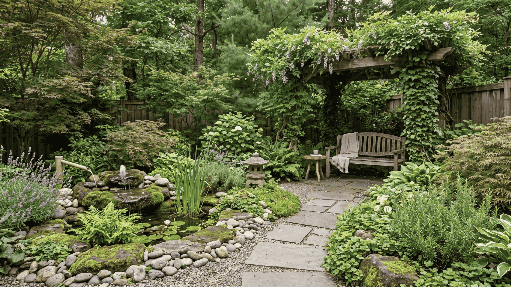 Lush garden meditation space with pond, stone path, wooden bench, and vine-covered arbor.