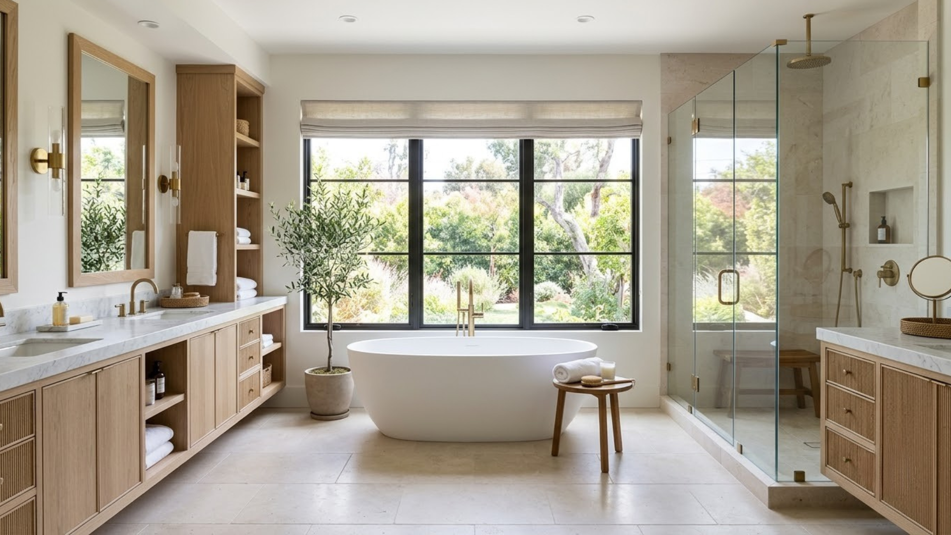 luxury bathroom with freestanding tub double vanities glass shower light wood cabinets and large garden window