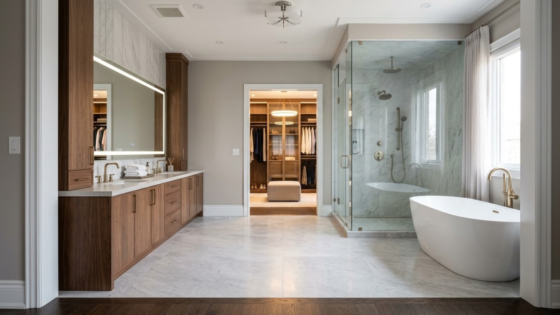 luxury bathroom with glass shower freestanding tub double vanity dressing area and warm woods built in storage
