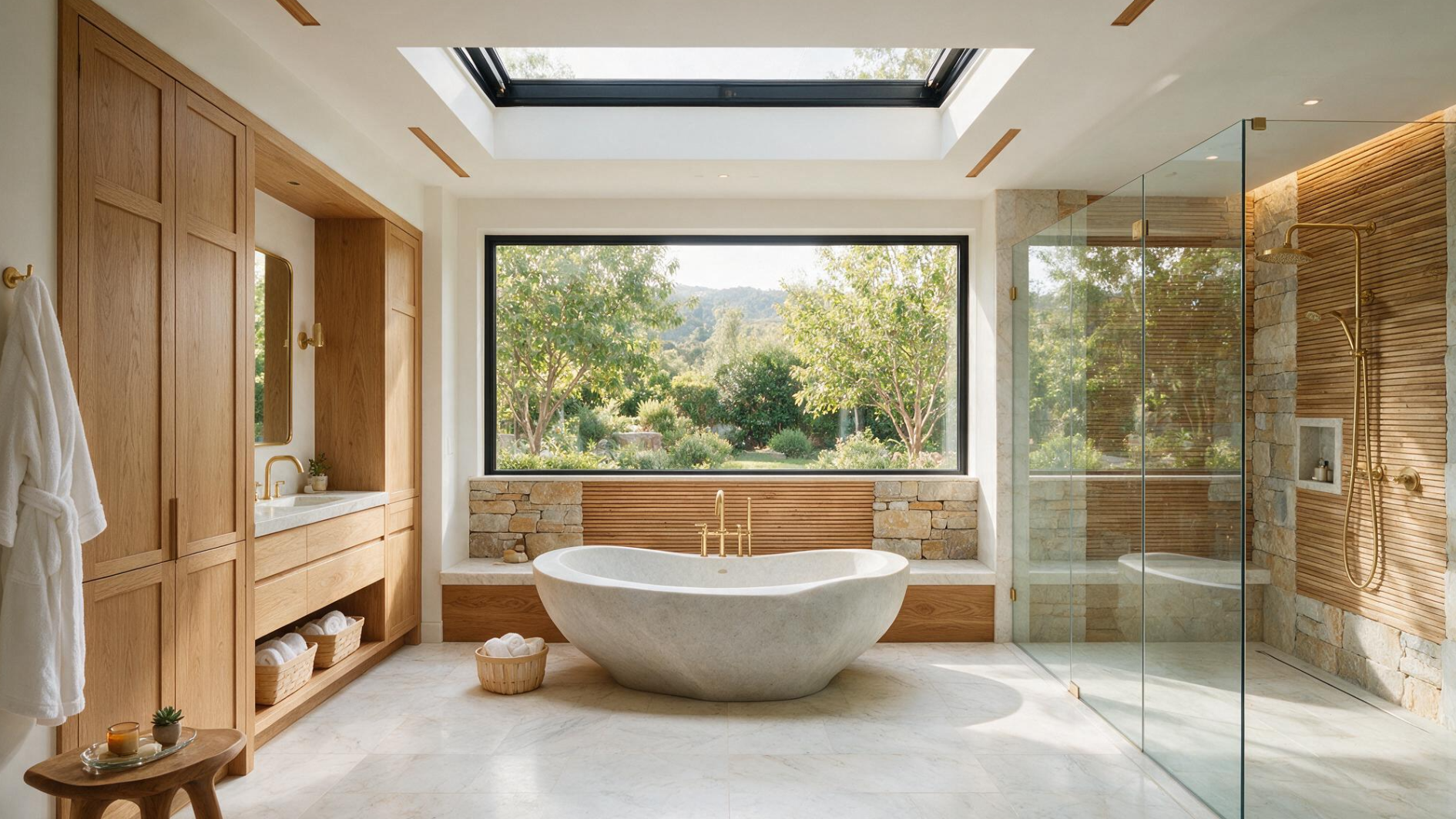 luxury bathroom with stone tub glass shower oak cabinetry skylight and wide garden view through picture window