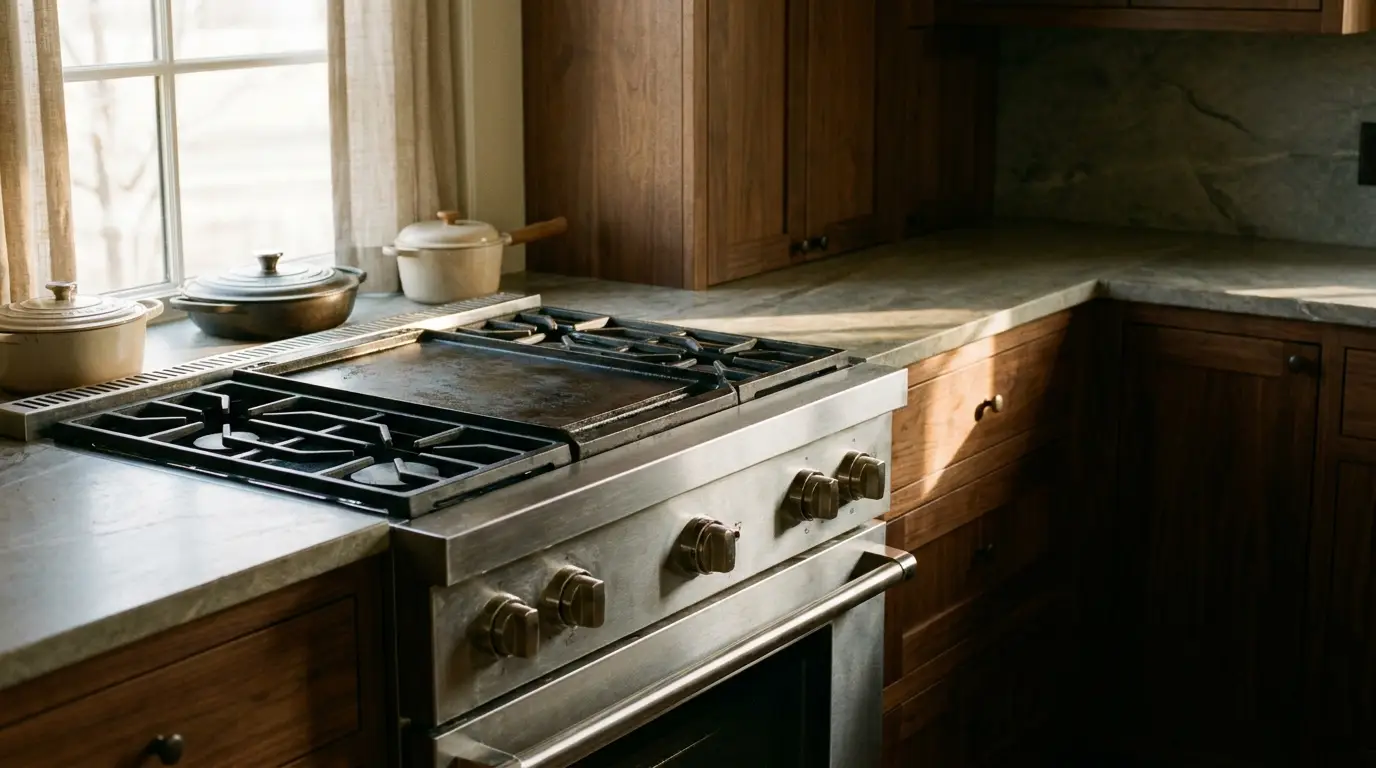 Stainless steel stove with cast iron grates in a sunlit kitchen with wooden cabinets