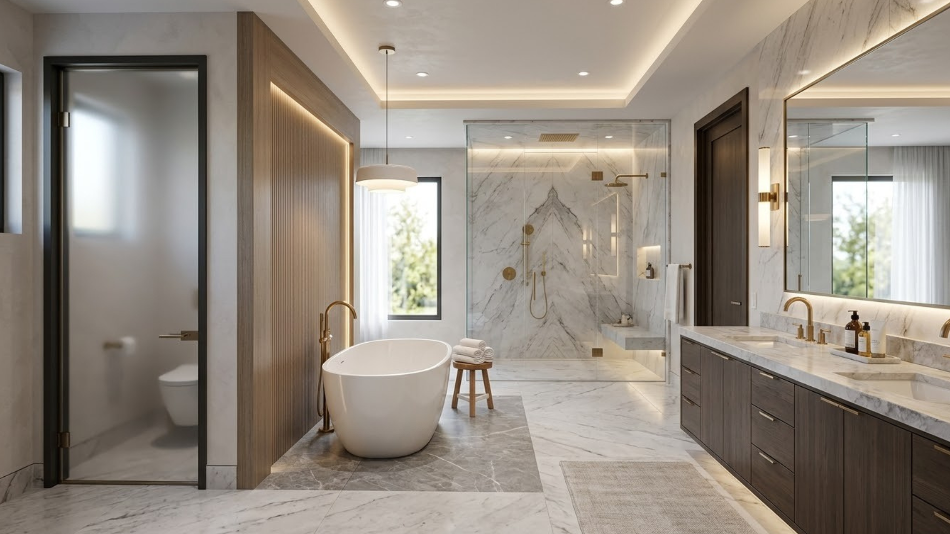 luxury master bathroom with freestanding tub marble shower double vanity private toilet and warm lighting glow