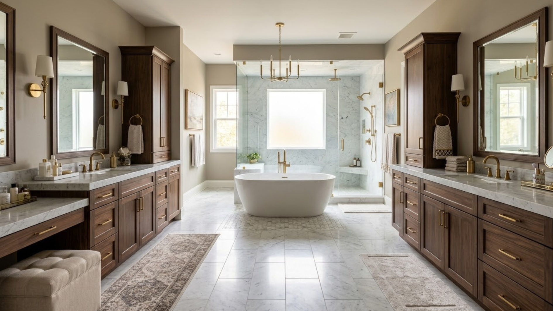 luxury master bathroom with two wooden vanities central freestanding tub glass shower and bright marble floors