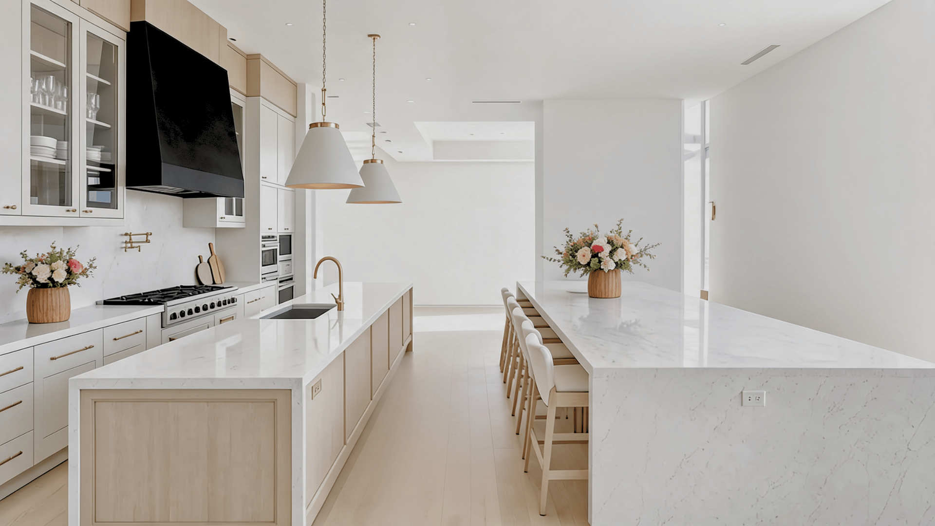 Luxury white kitchen with marble countertops, custom cabinetry, large island, white countertops, wooden chairs and elegant modern finishes.