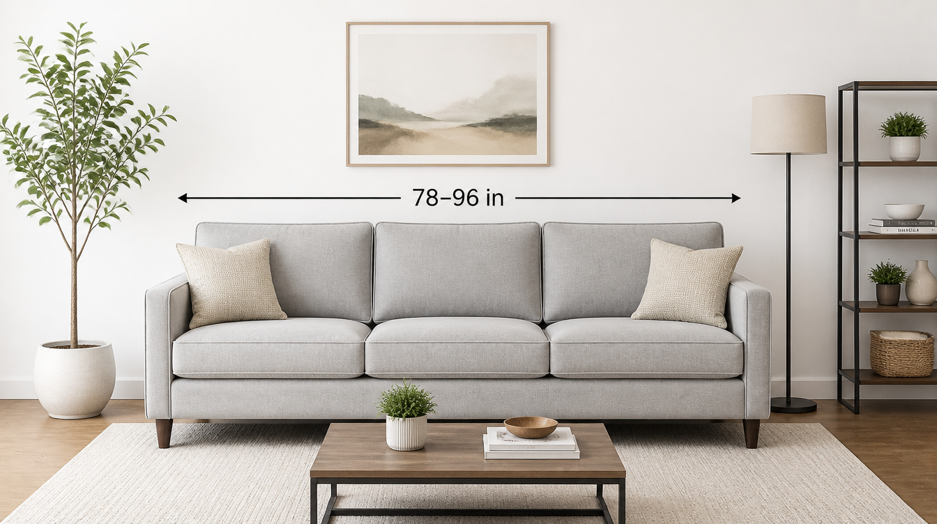 Gray sofa with 78–96 in measurement label, coffee table, rug, plant, lamp, and shelving unit in a room.