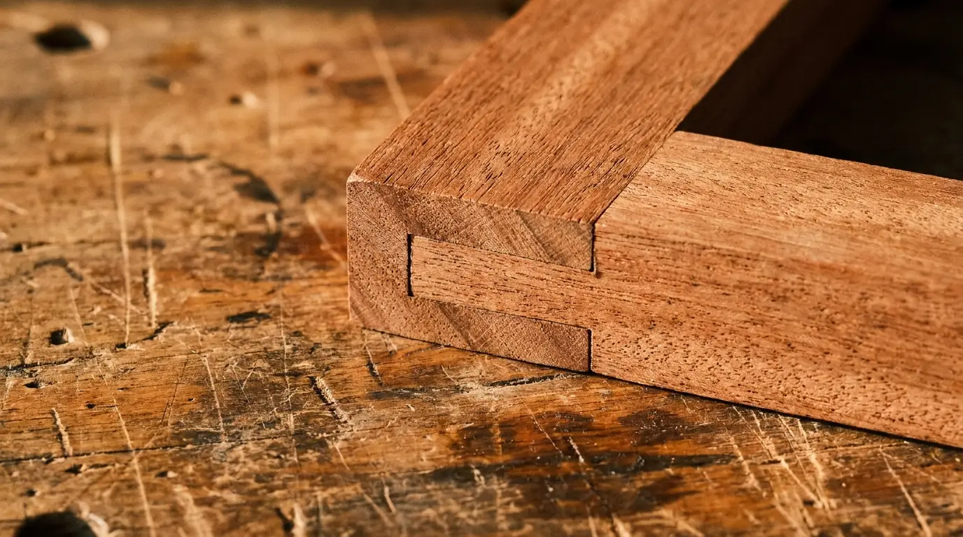 Wooden dovetail joint close-up on rustic workbench surface in warm lighting