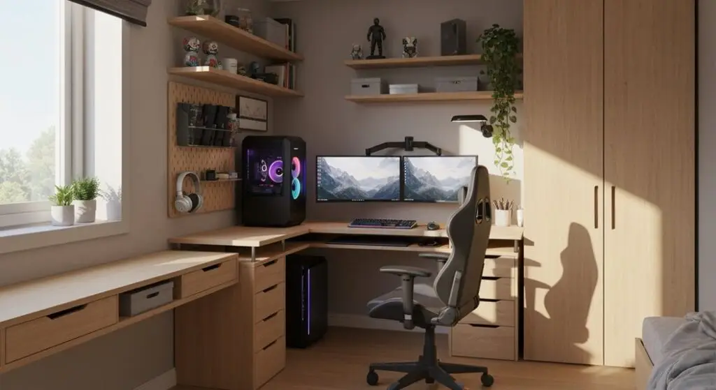 Modern gaming setup with dual monitors and LED PC in minimalist home office setting