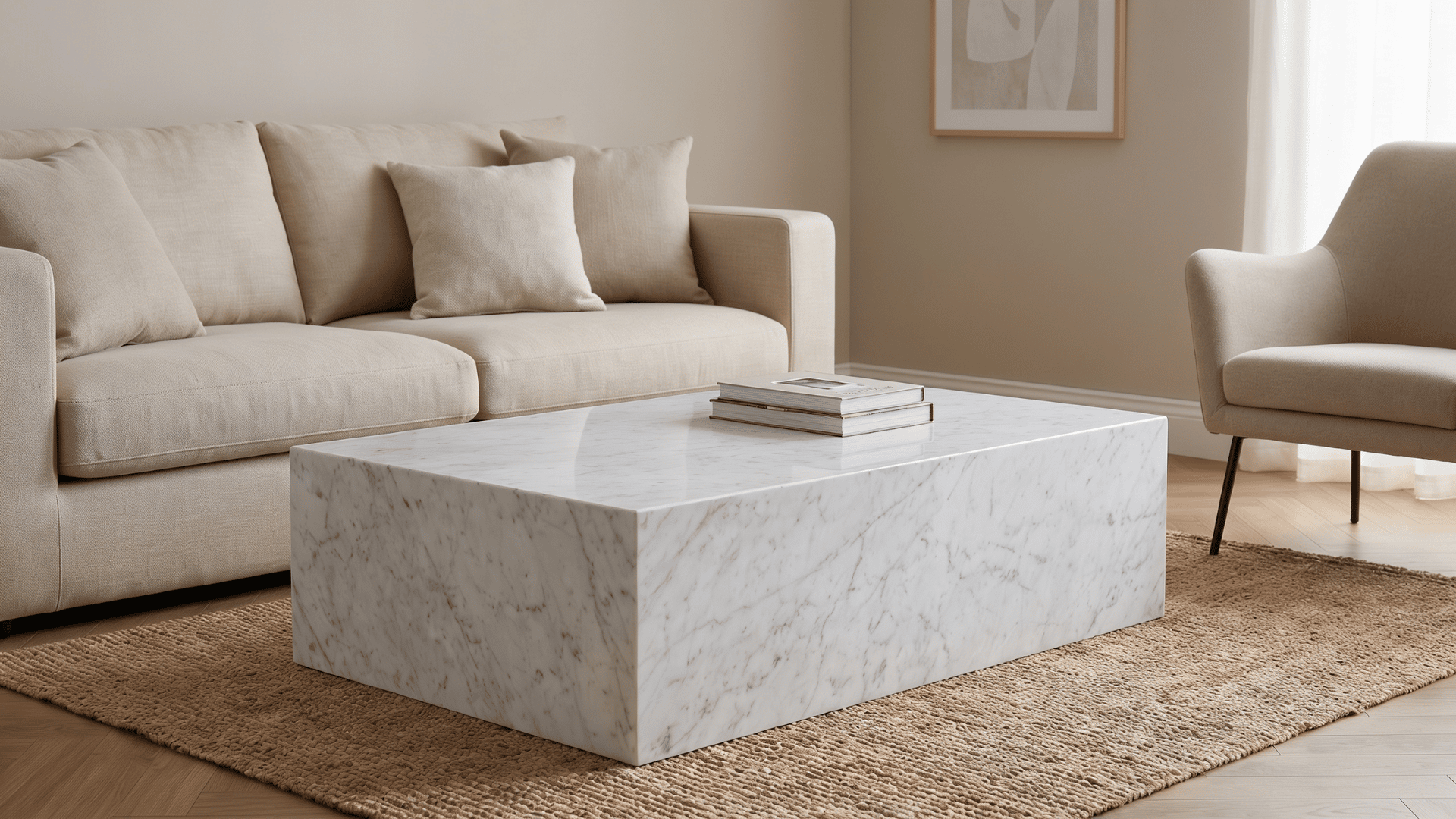 Marble coffee table with polished surface and small vase, placed in a living room with neutral decor.