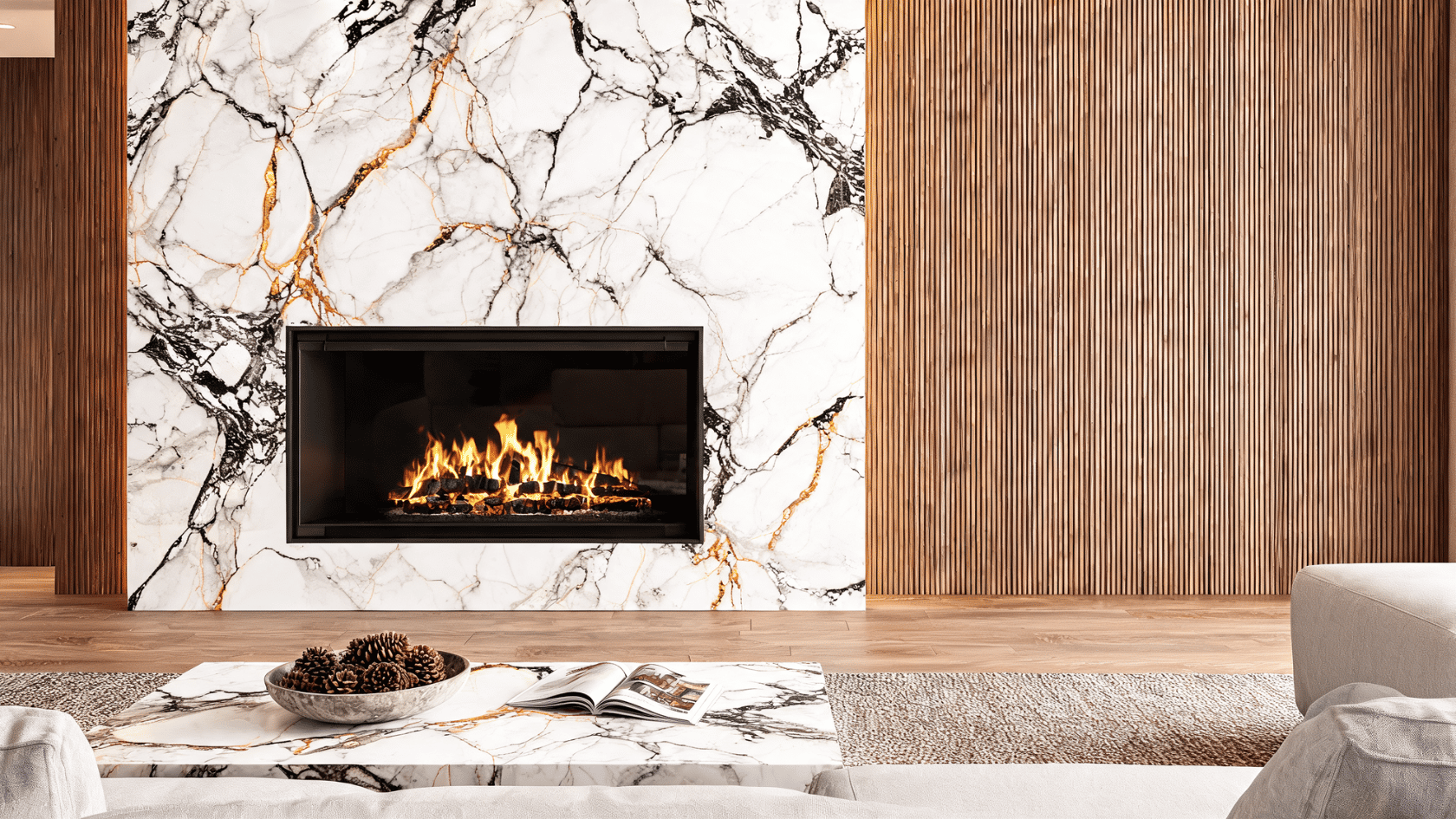 Marble slab wall panels surrounding a fireplace with wood accents in a modern living room