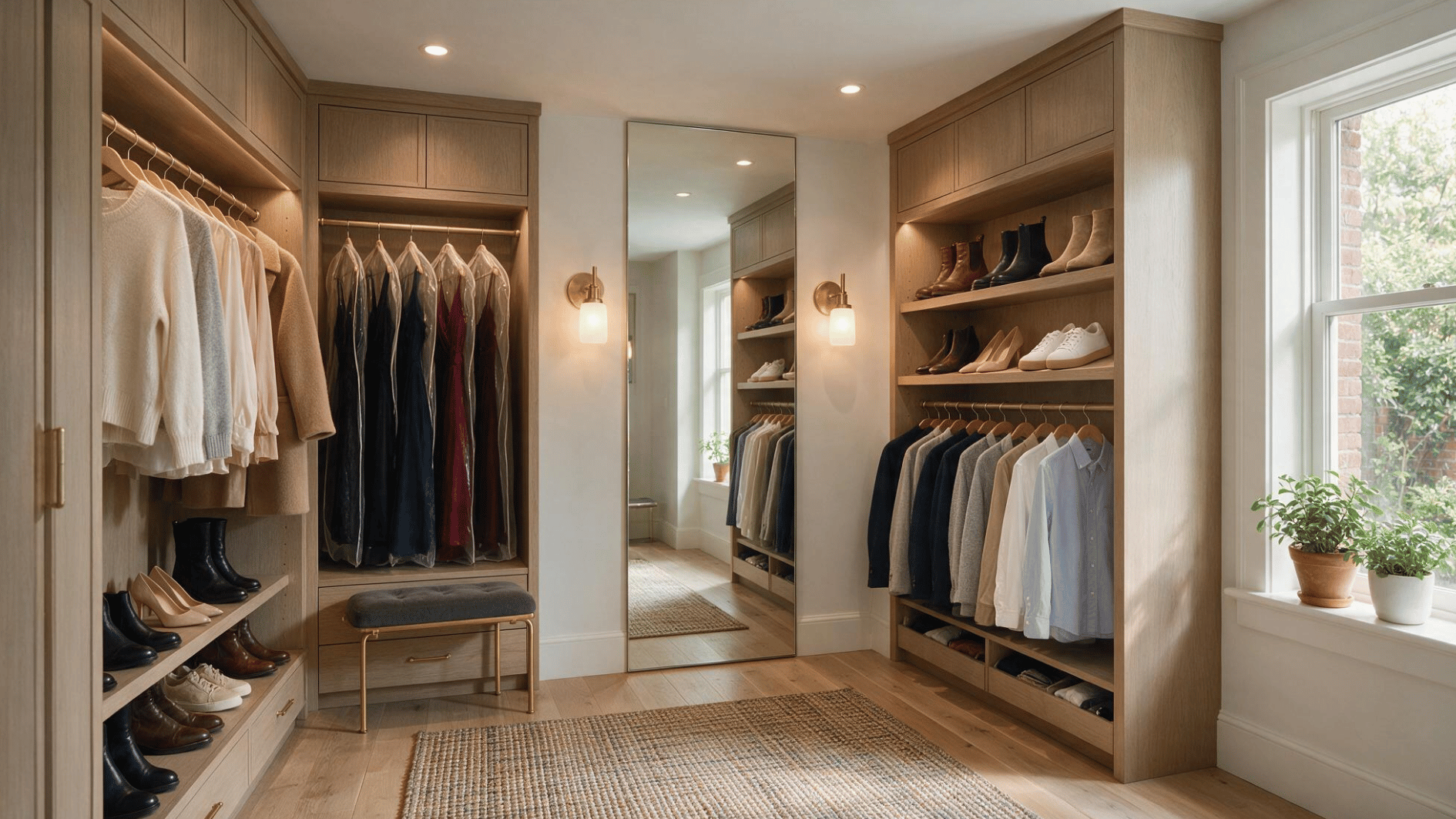 matching wall sconces beside a full length mirror adding soft accent lighting inside a walk in closet