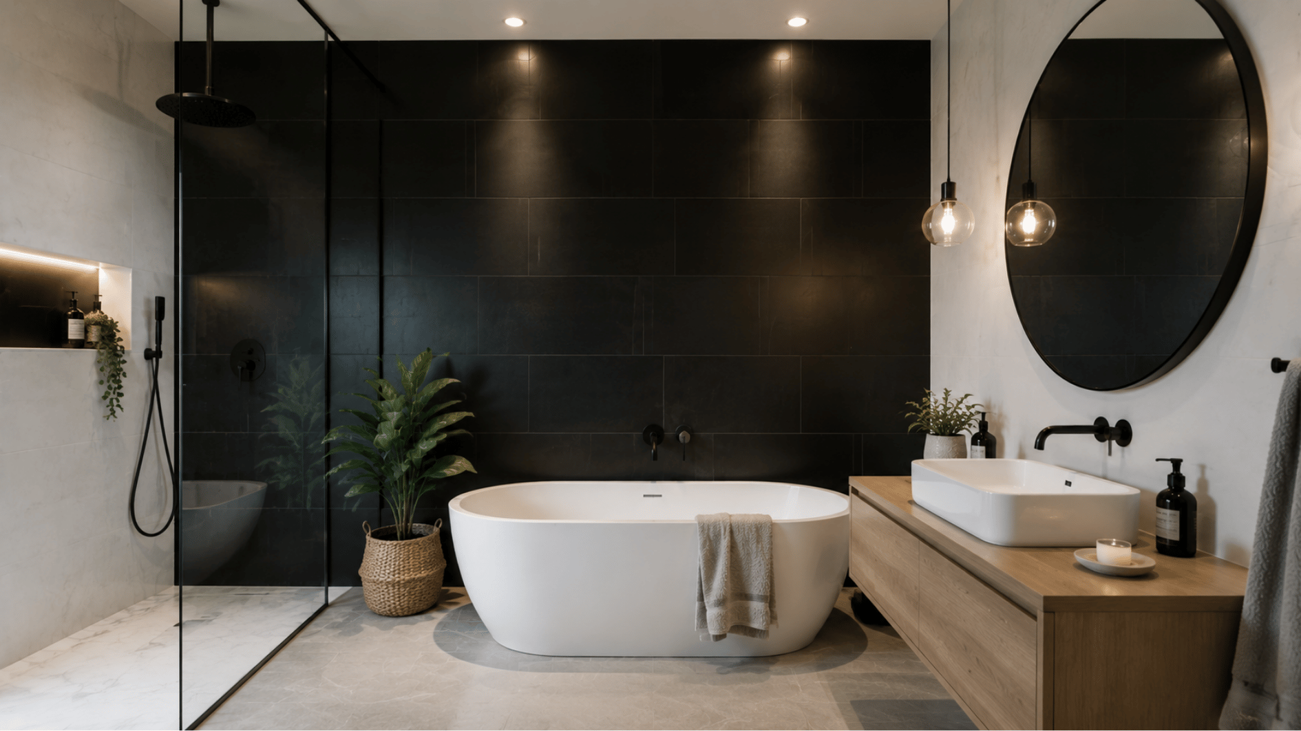 matte black tile accent wall in a modern bathroom with white fixtures and warm lighting