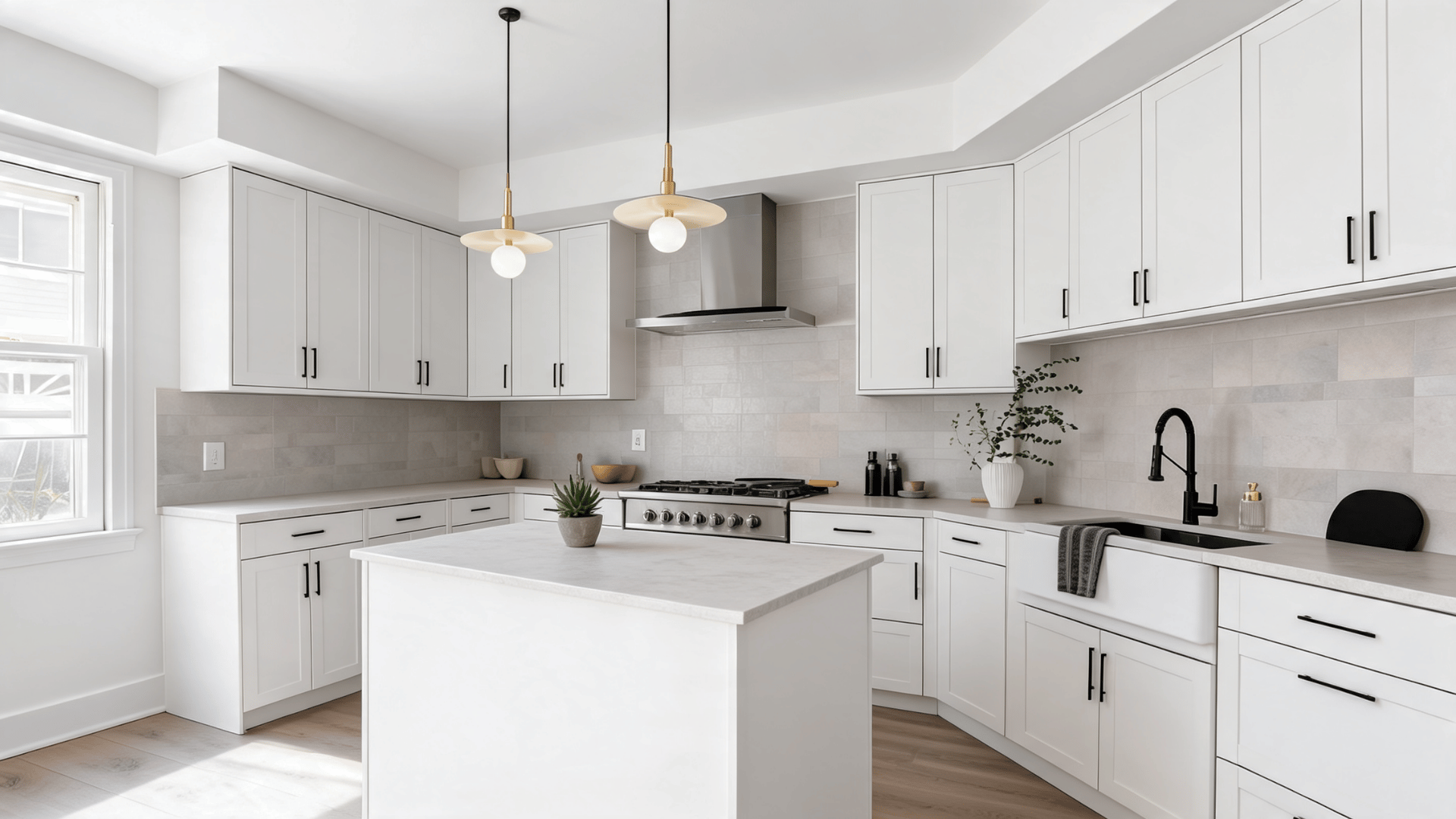 Matte white kitchen with flat cabinets, stone backsplash, soft lighting, neutral decor, and low sheen countertops.