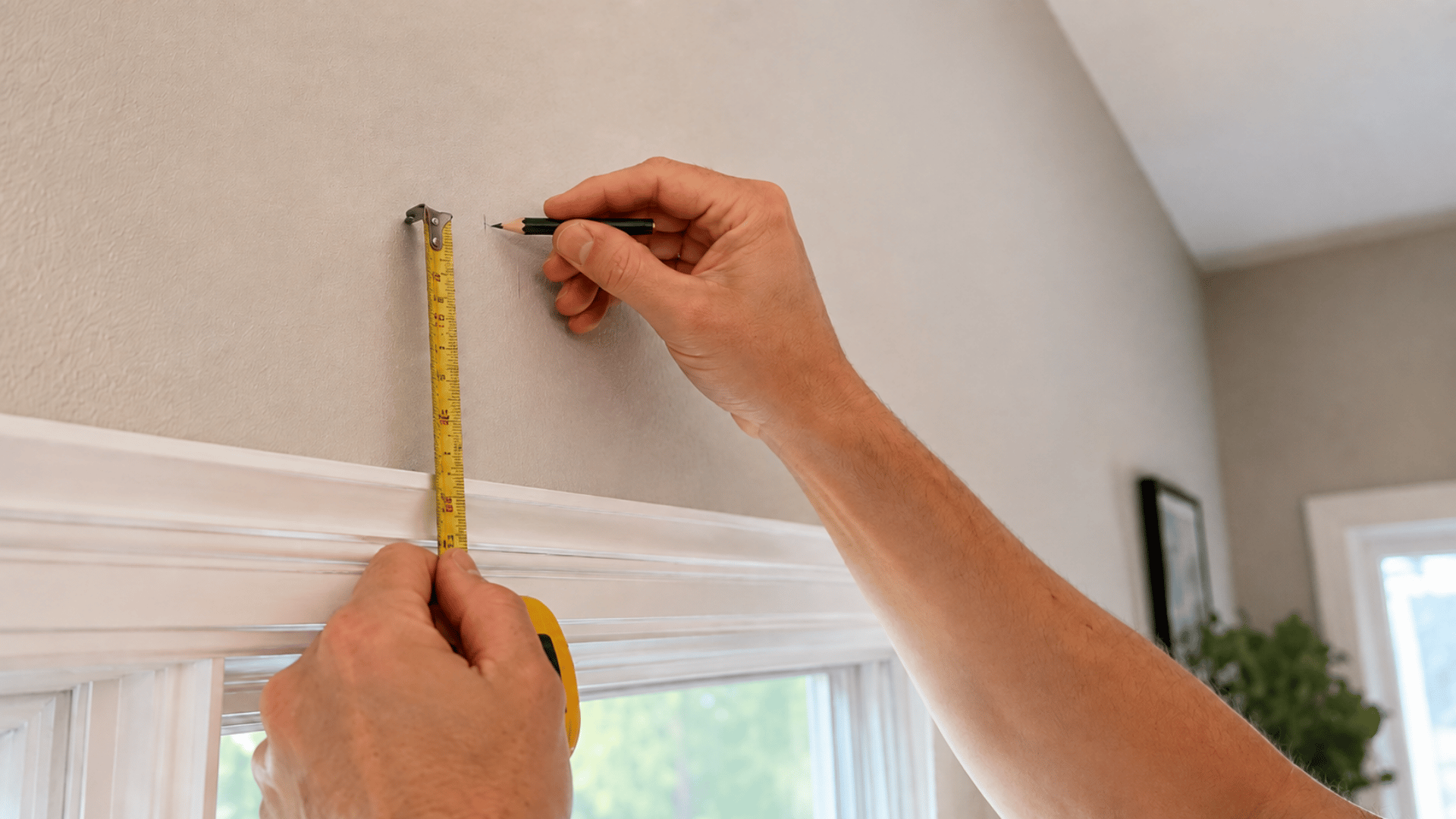 measuring curtain rod height above window with tape measure and pencil