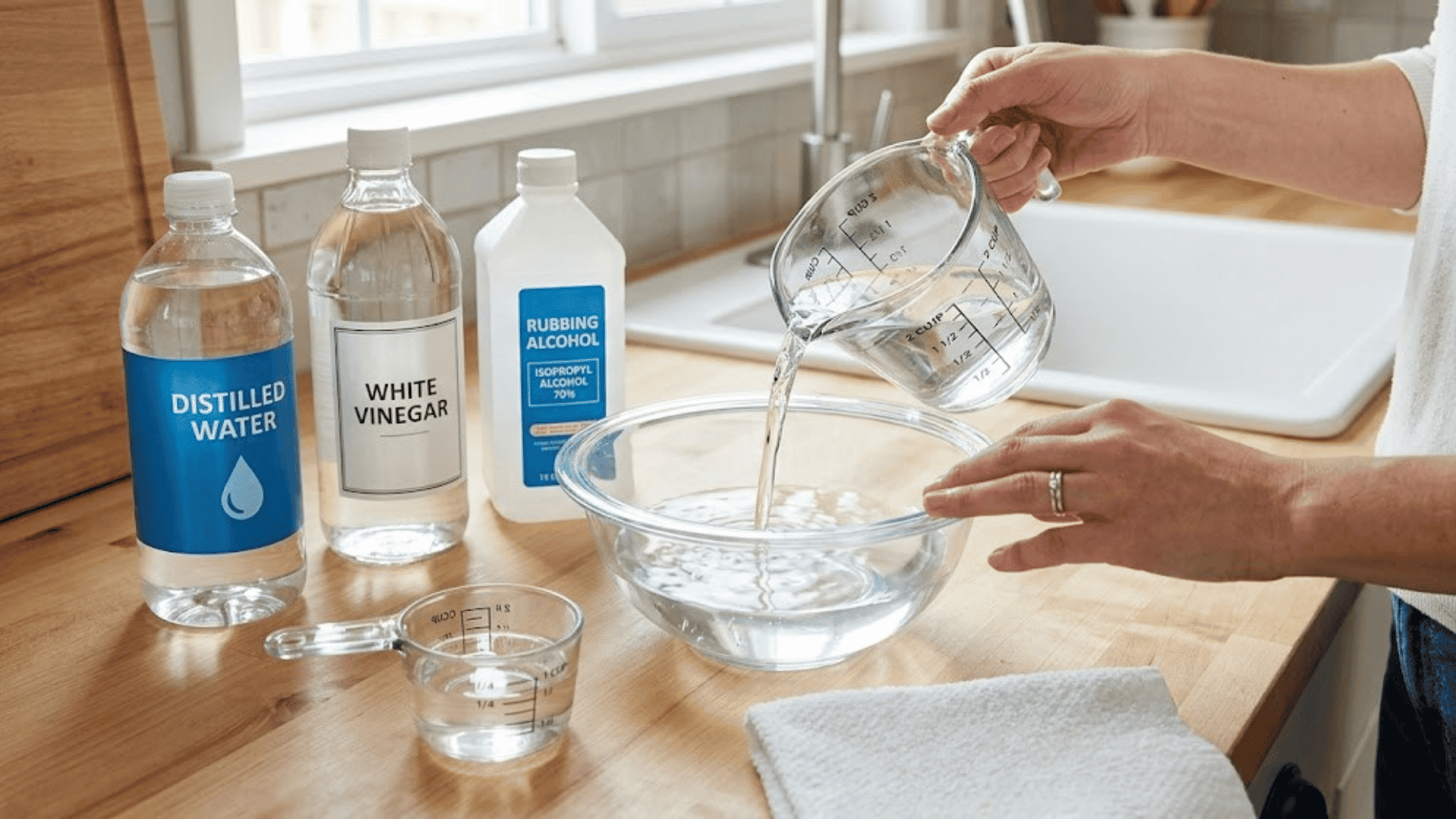 Measuring water, vinegar, and rubbing alcohol for a homemade window cleaning solution.