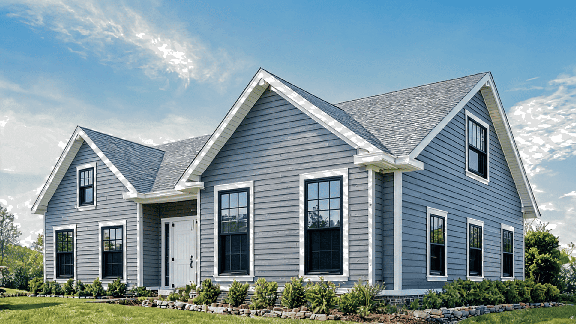 Medium gray home exterior with black window frames, white trim, and modern farmhouse details.