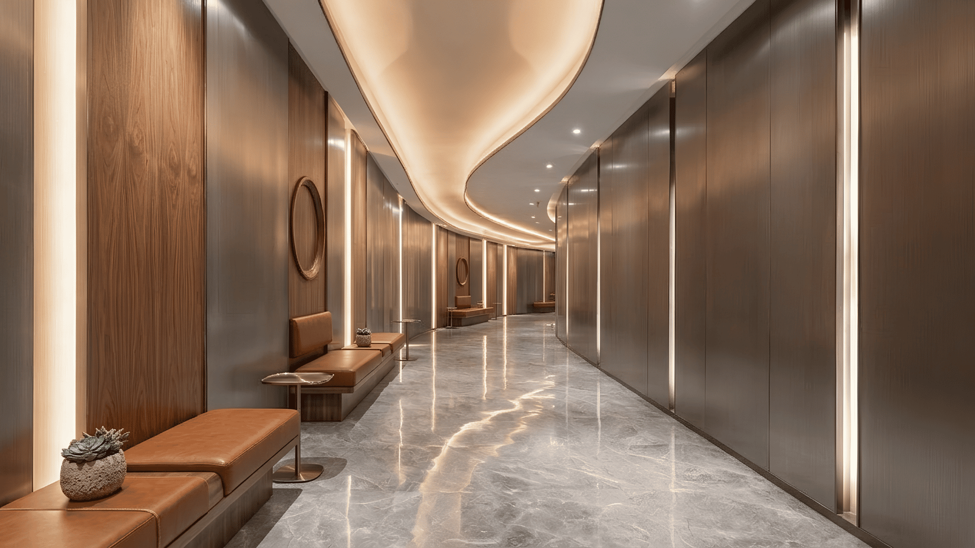 Modern interior hallway with textured metal wall panels and warm lighting