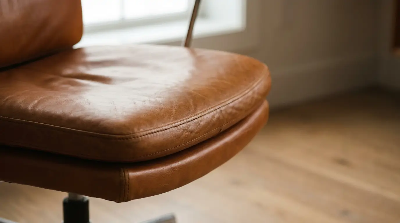 Close-up of a brown leather chair seat in a bright indoor space