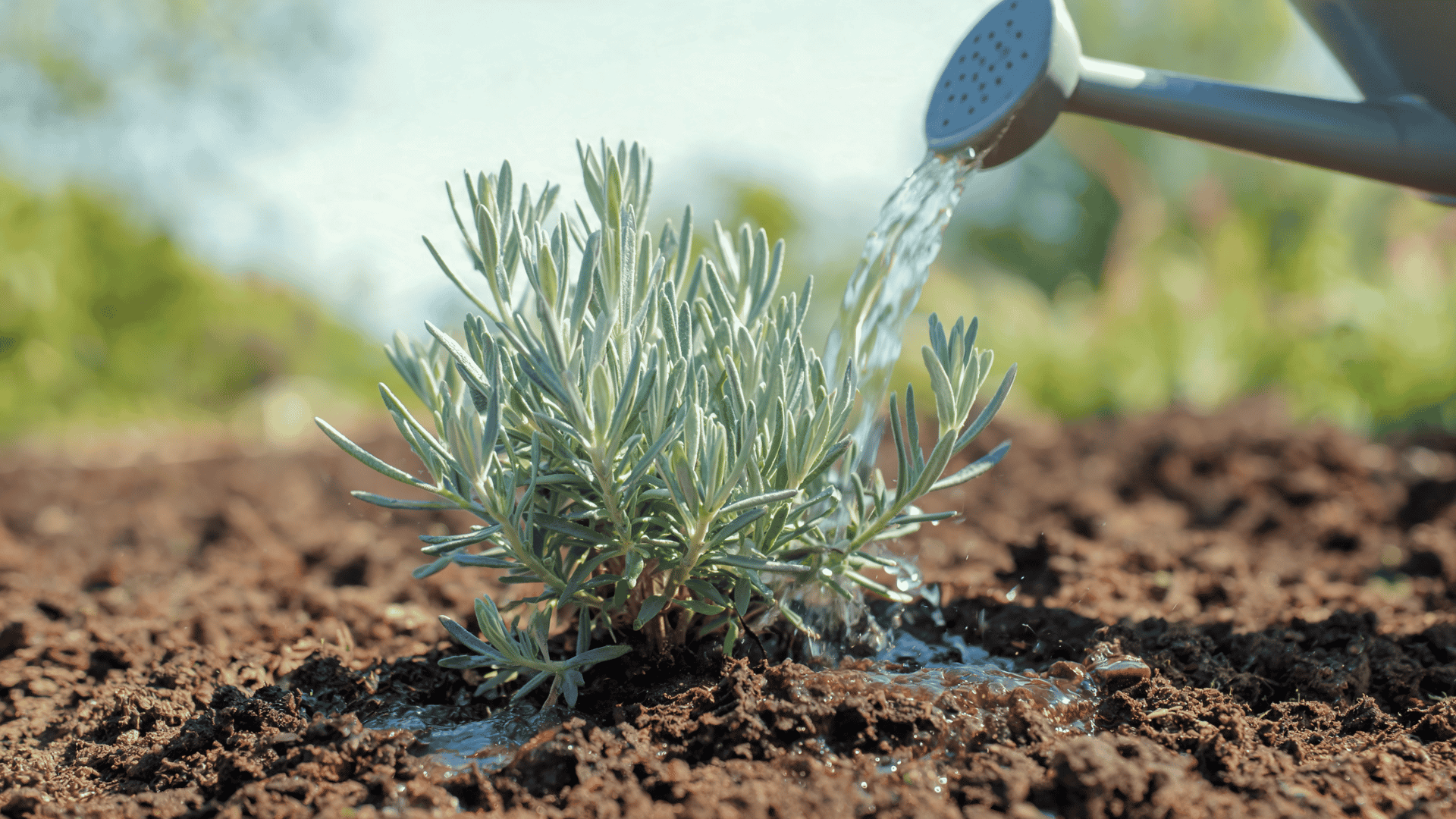 Mid shot of a lavender plant being weatered  deeply after planting to the seedling .