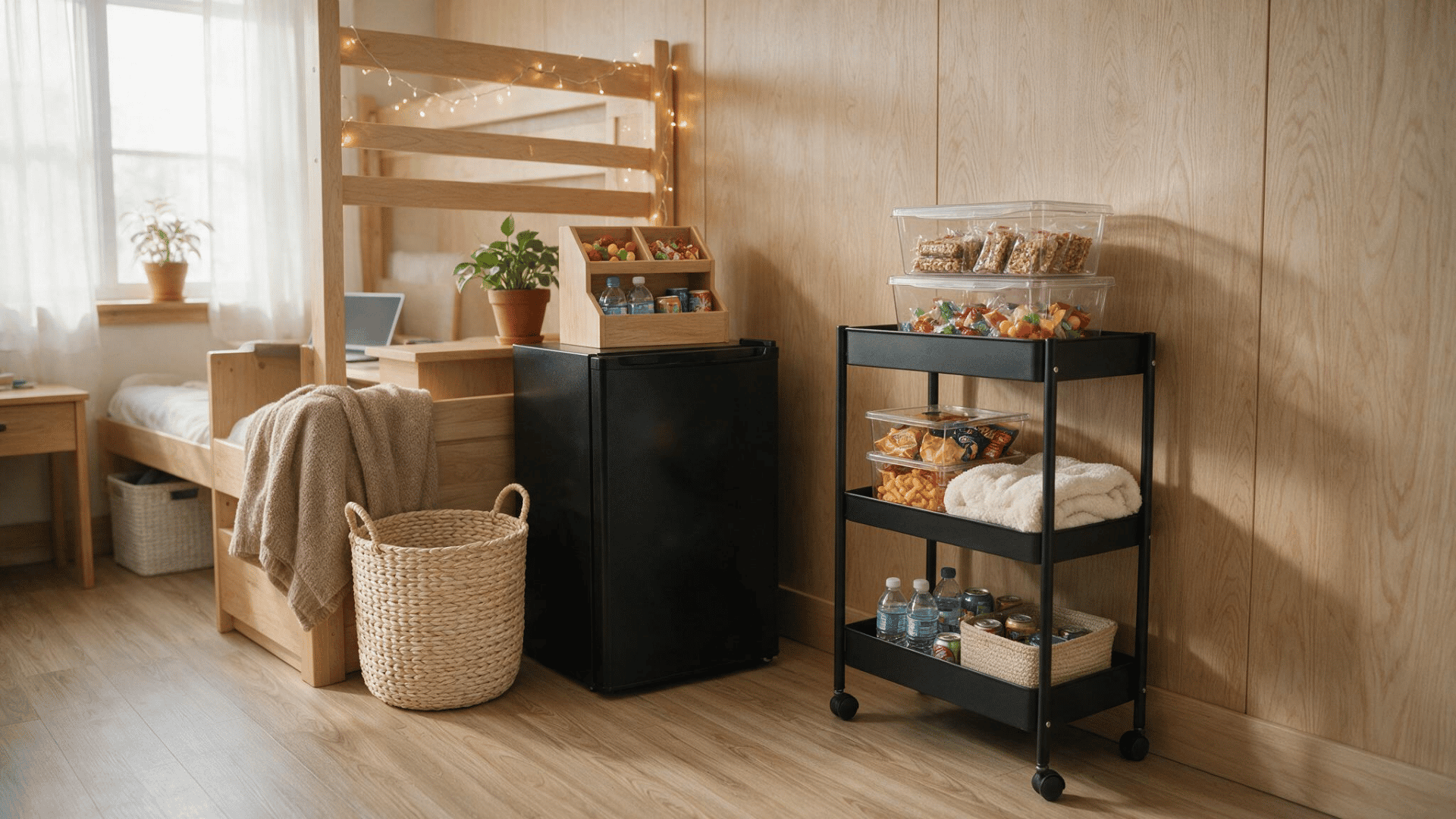 Dorm mini fridge with snack bins and a small organizer in a tidy corner station.