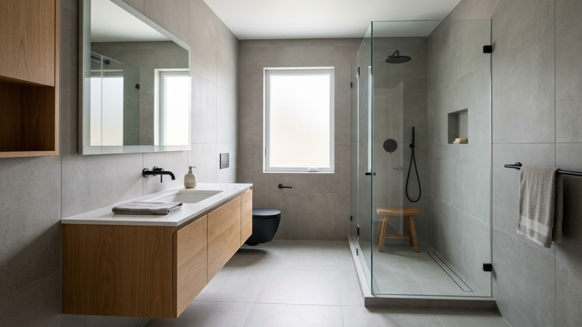 minimalist bathroom with floating wood vanity glass shower black toilet gray tiling and bright frosted windows