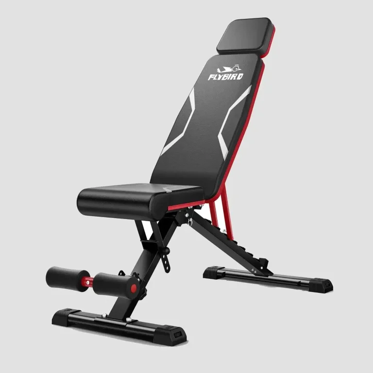 Adjustable weight bench with headrest and leg support against a plain background