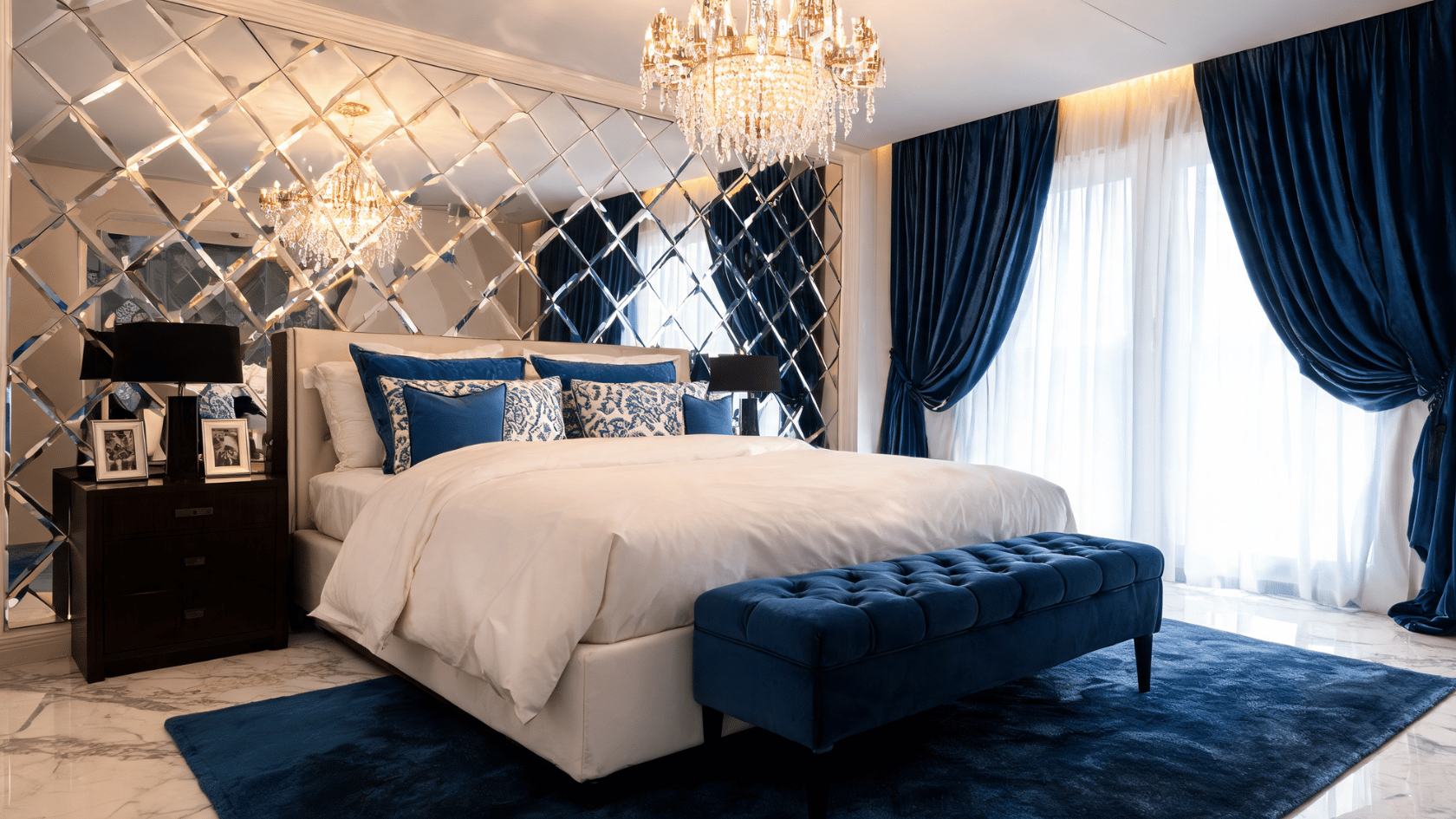 Mirror wall panels behind a bed in a luxury bedroom with chandelier lighting and blue decor accents