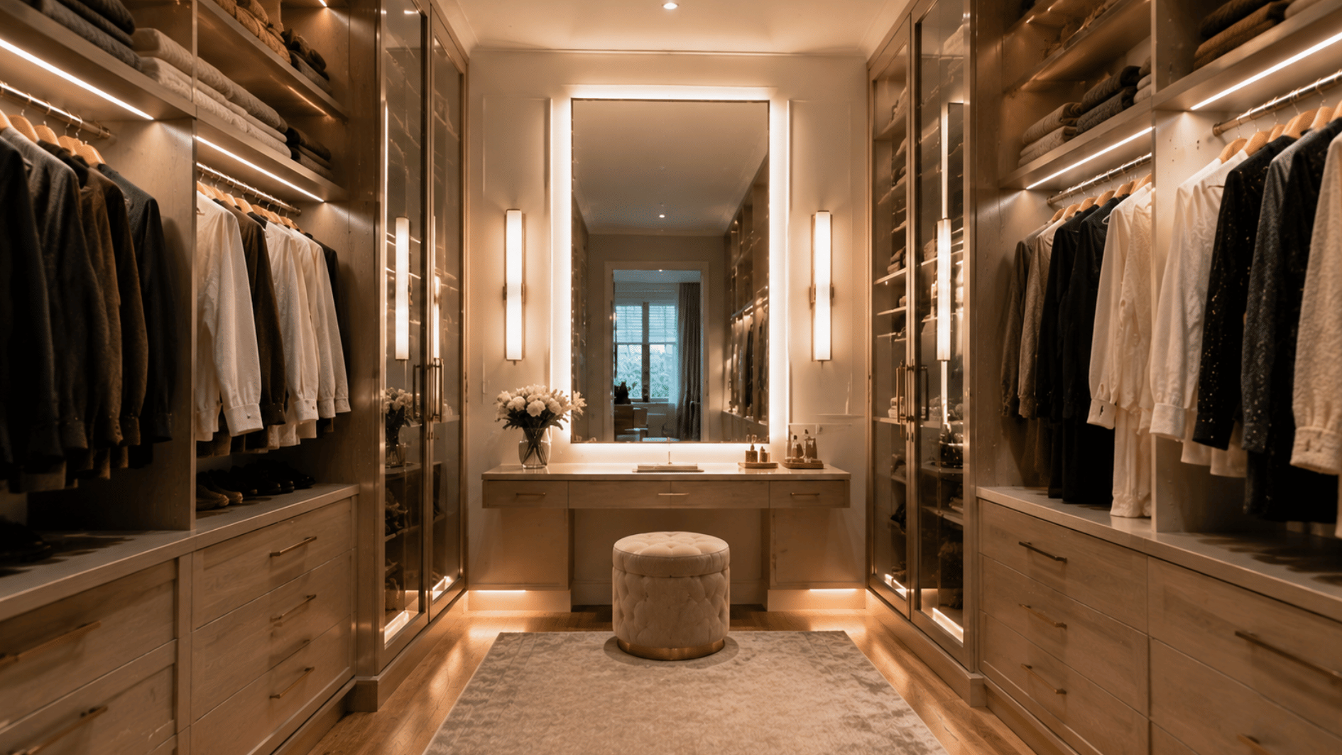 mirror with vertical led side lighting inside a walk in closet creating even illumination for outfit checks without shadows