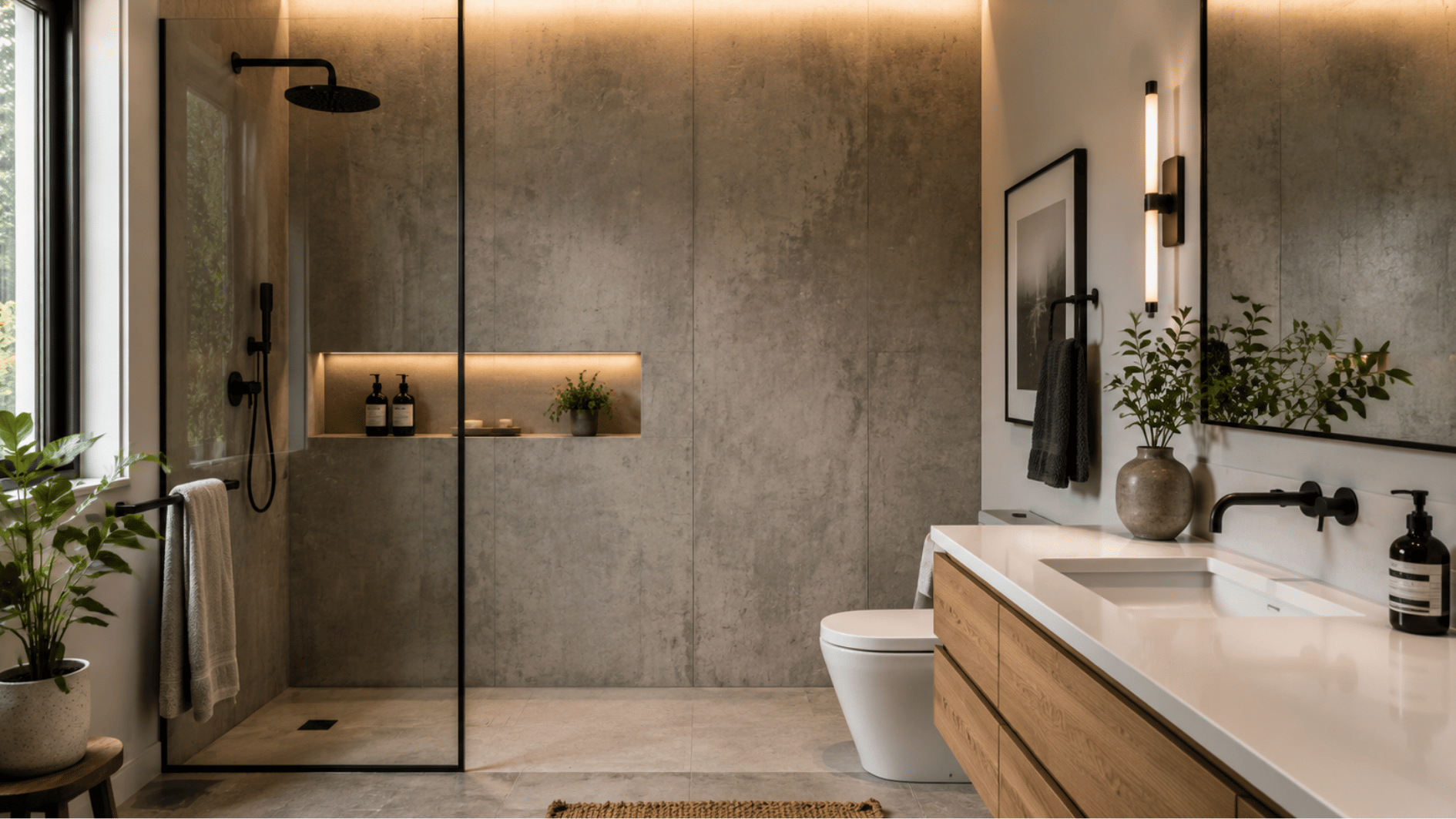 modern bathroom with concrete look panel accent wall and black shower fixtures
