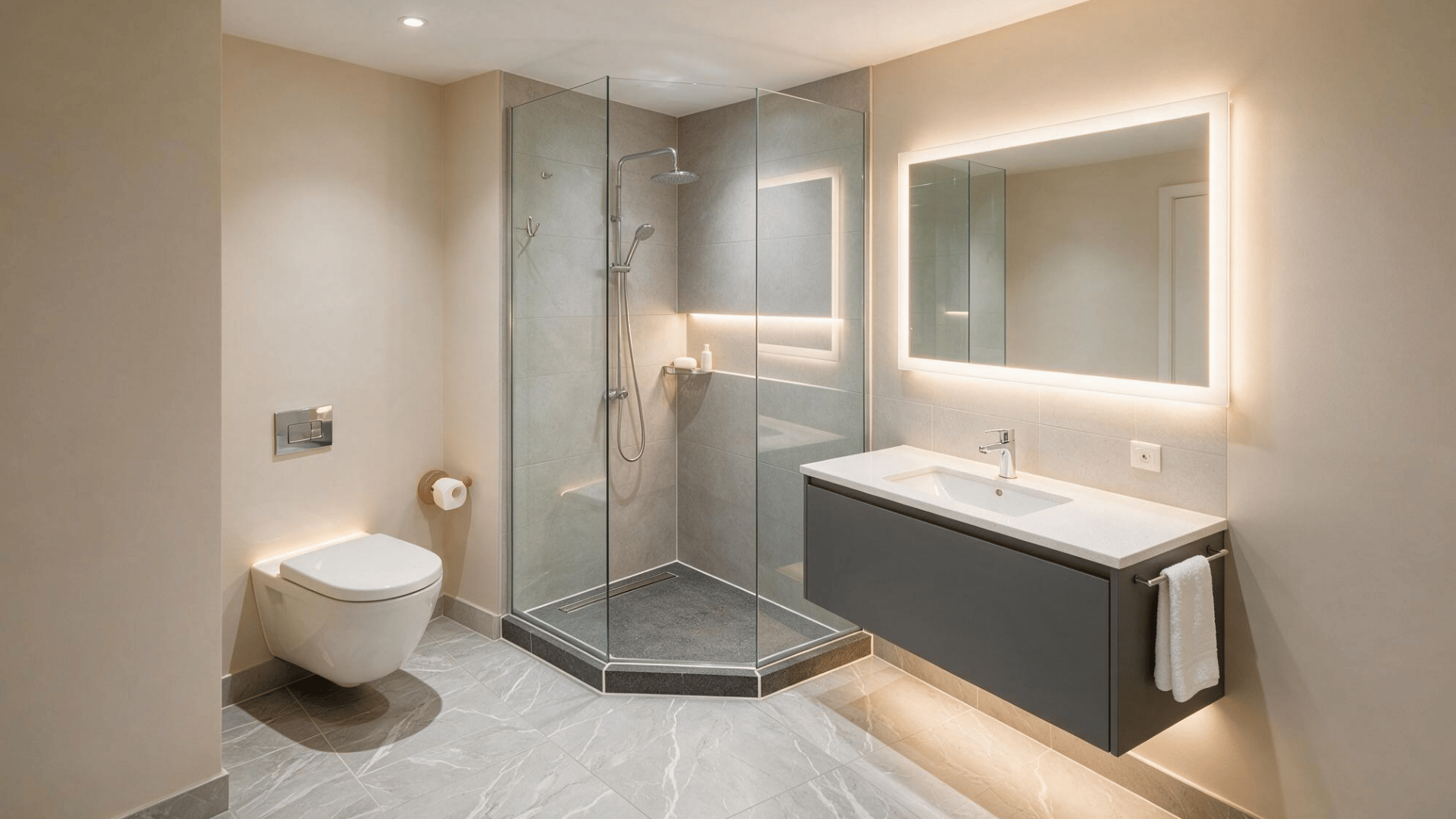 modern bathroom with corner glass shower wall hung toilet floating vanity bright mirror and neutral stone tile