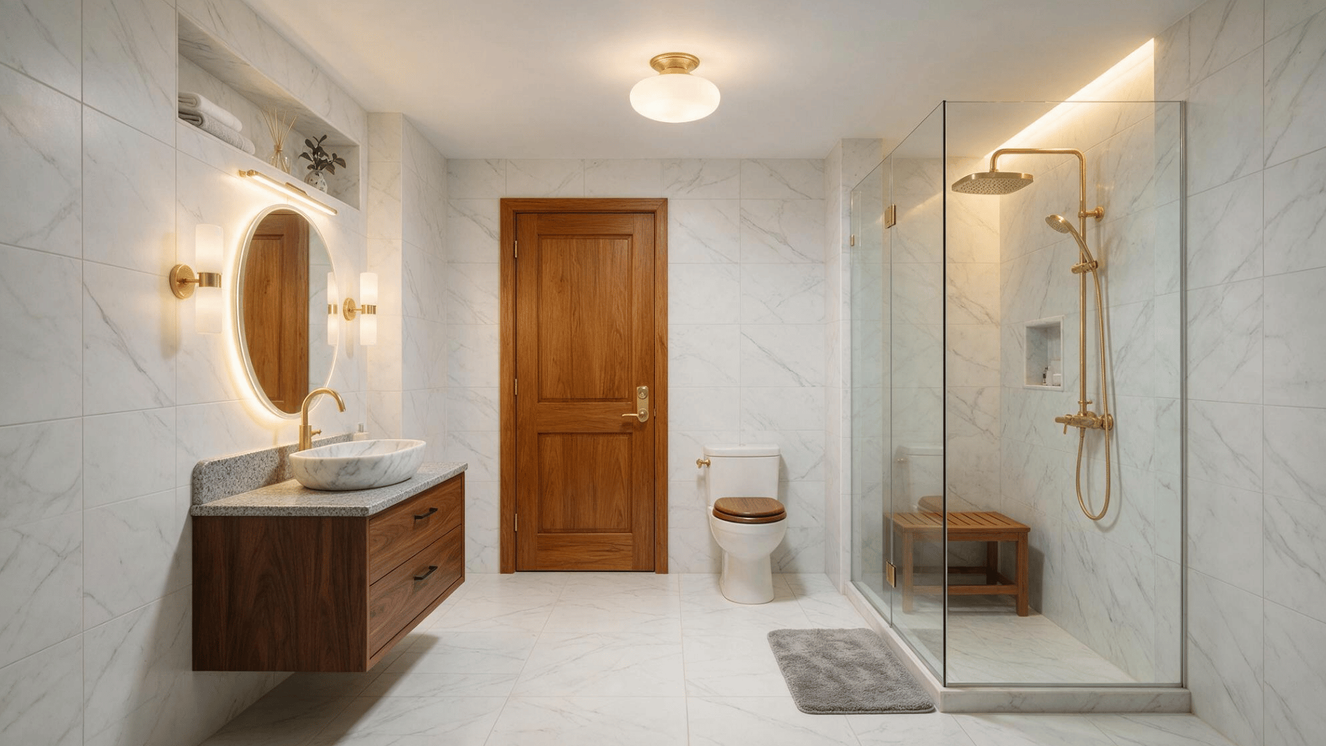 modern bathroom with floating wooden vanity toilet glass shower marble tile warm lighting and built in storage